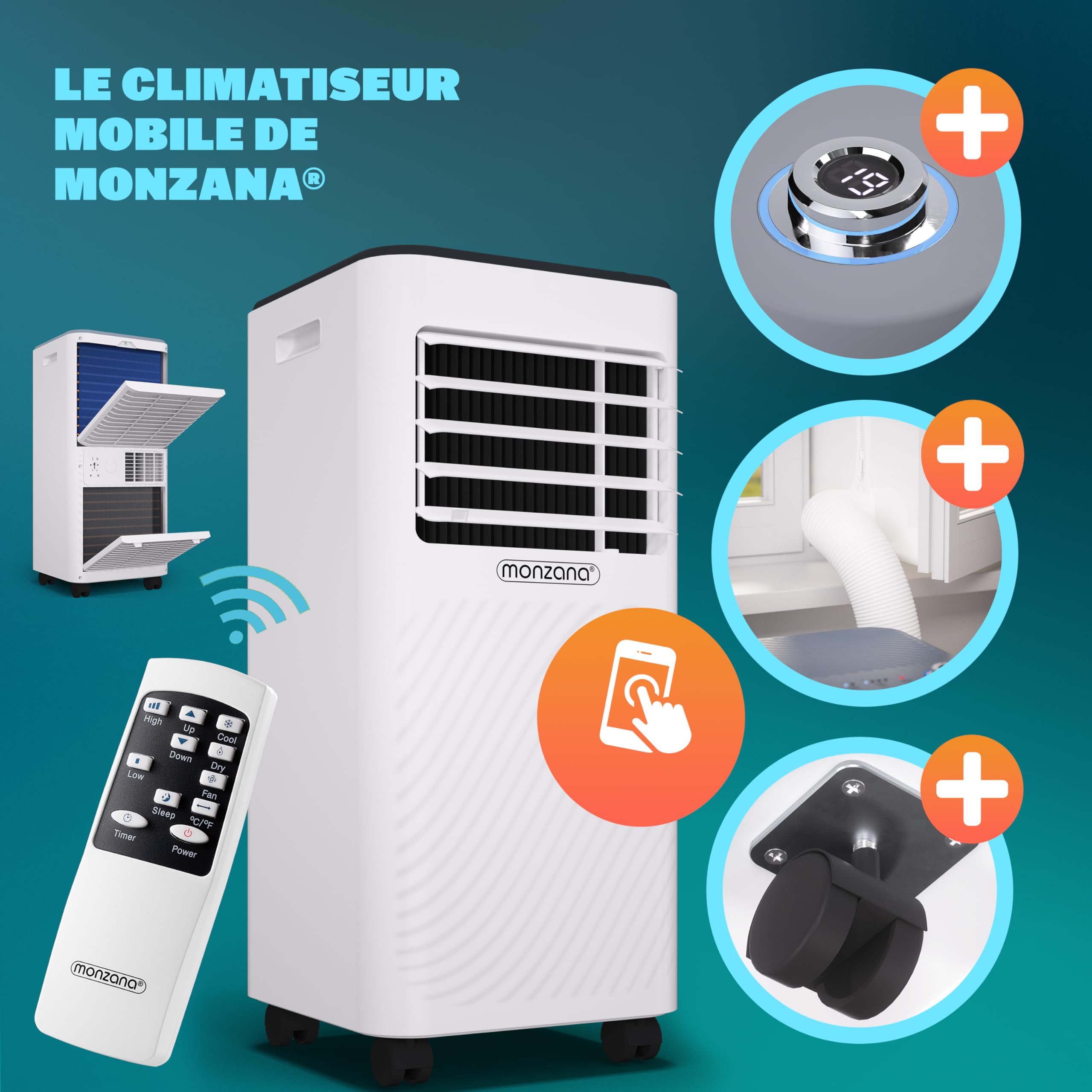 MONZANA® Climatiseur Mobile 9000 BTU (30 m²) - Clim Portable Puissante & Silencieuse 3-en-1 : Refroidissement Rapide, Déshumidificateur, Ventilateur - WiFi, Minuterie 24h, Télécommande, Kit Fenêtre