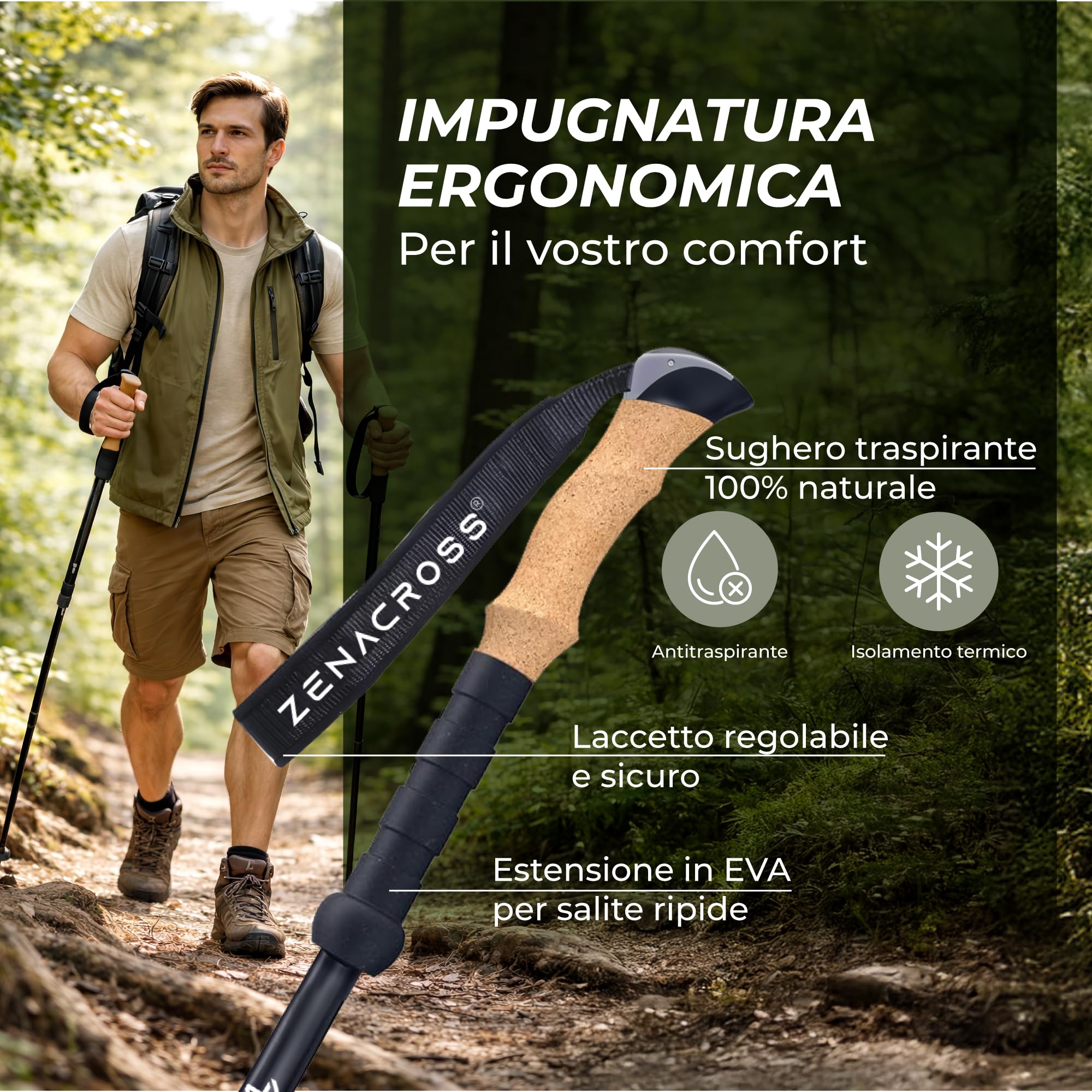 Bastoncini Trekking Telescopici Carbonio o Alluminio - Bastoni Trekking Regolabili per Uomo e Donna, Ultra leggero, con Manico in Sughero Naturale