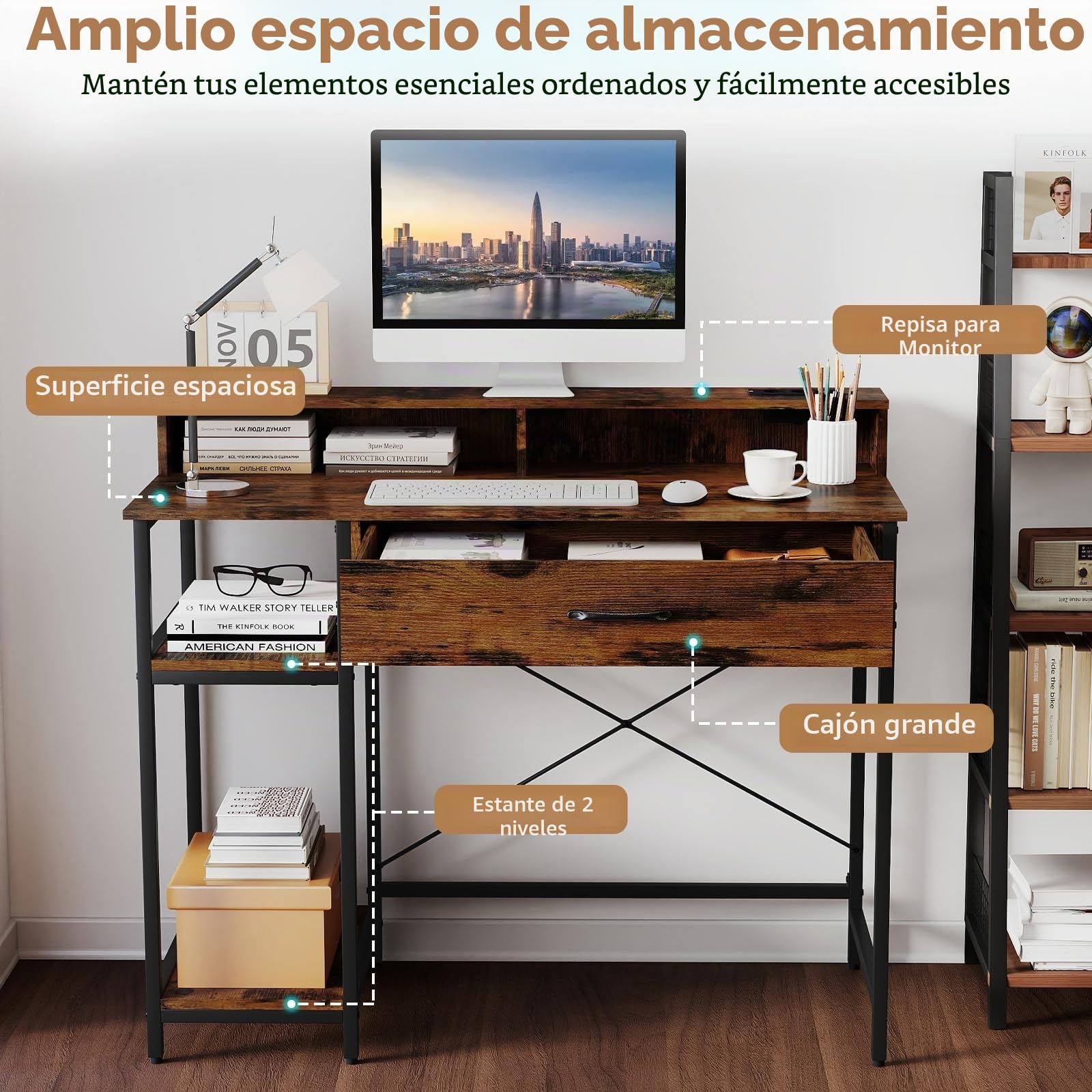 GIANTEX Escritorio de Ordenador con Cajón, 2 Estantes Laterales y 2 Cubos Abiertos, Mesa de Trabajo con Soporte de Monitor y Estación de Carga, 106x48x90,5cm, para Oficina, Dormitorio (Marrón)