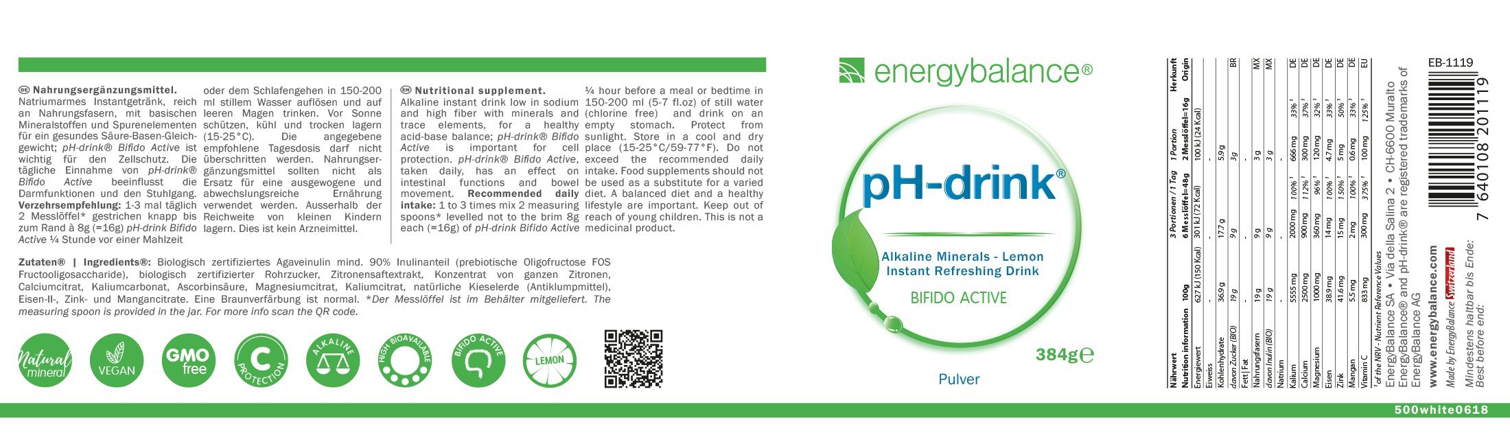 EnergyBalance pH-drink - Pulver Bifido Active Lemon Basengetränk - Spurenelemente, Mineralien, Zitronengeschmack - Säure-Basen Ausgleich - Vegan, Natürlich, ohne Zusätze - 384 g