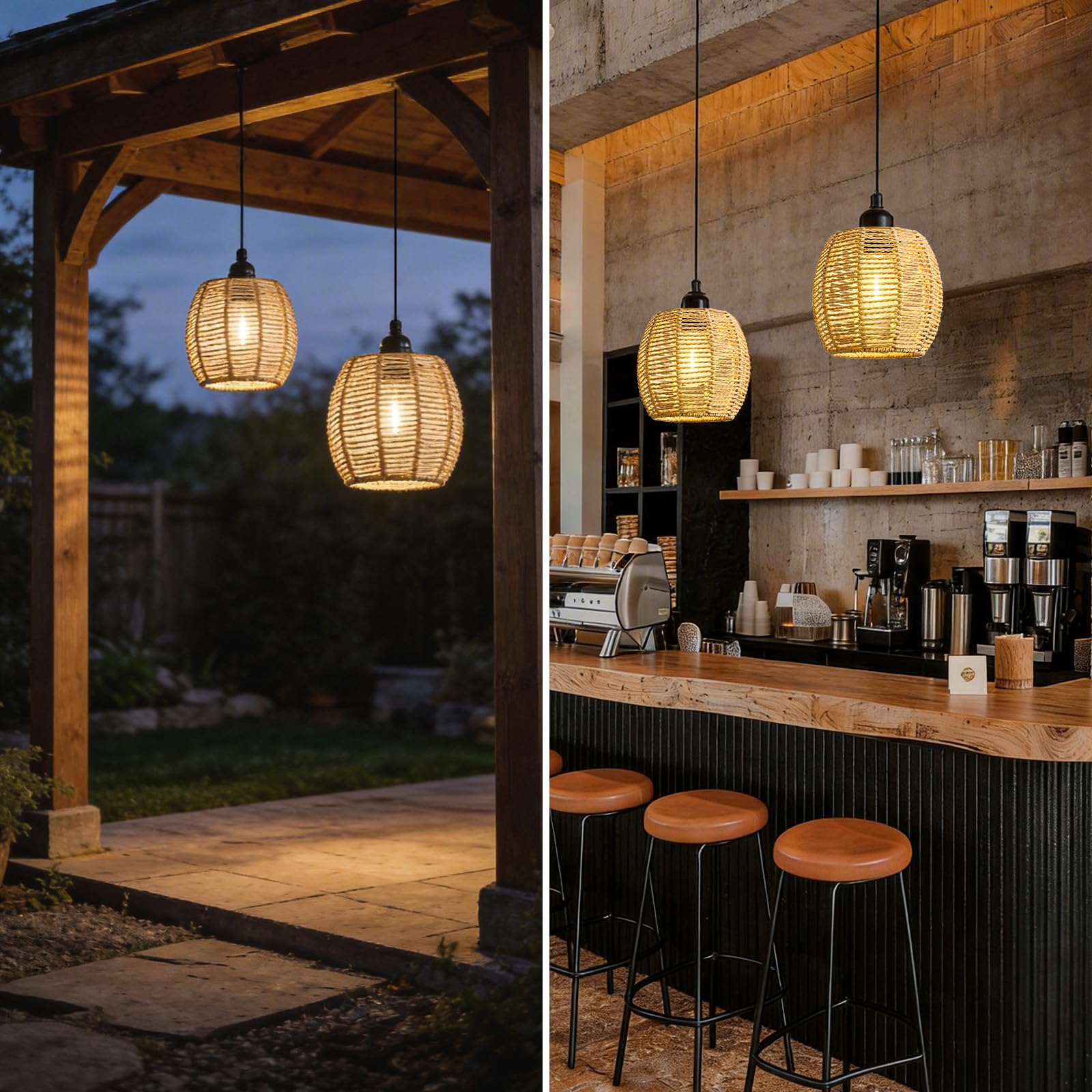 2 Lámparas Colgantes con Batería, Lámpara Exterior Techo Ratan IP65, Lampara Colgante Pilas con Mando y Bombilla Dimmable, Lámpara Colgante sin Cables para Terraza Jardín Salón Comedor