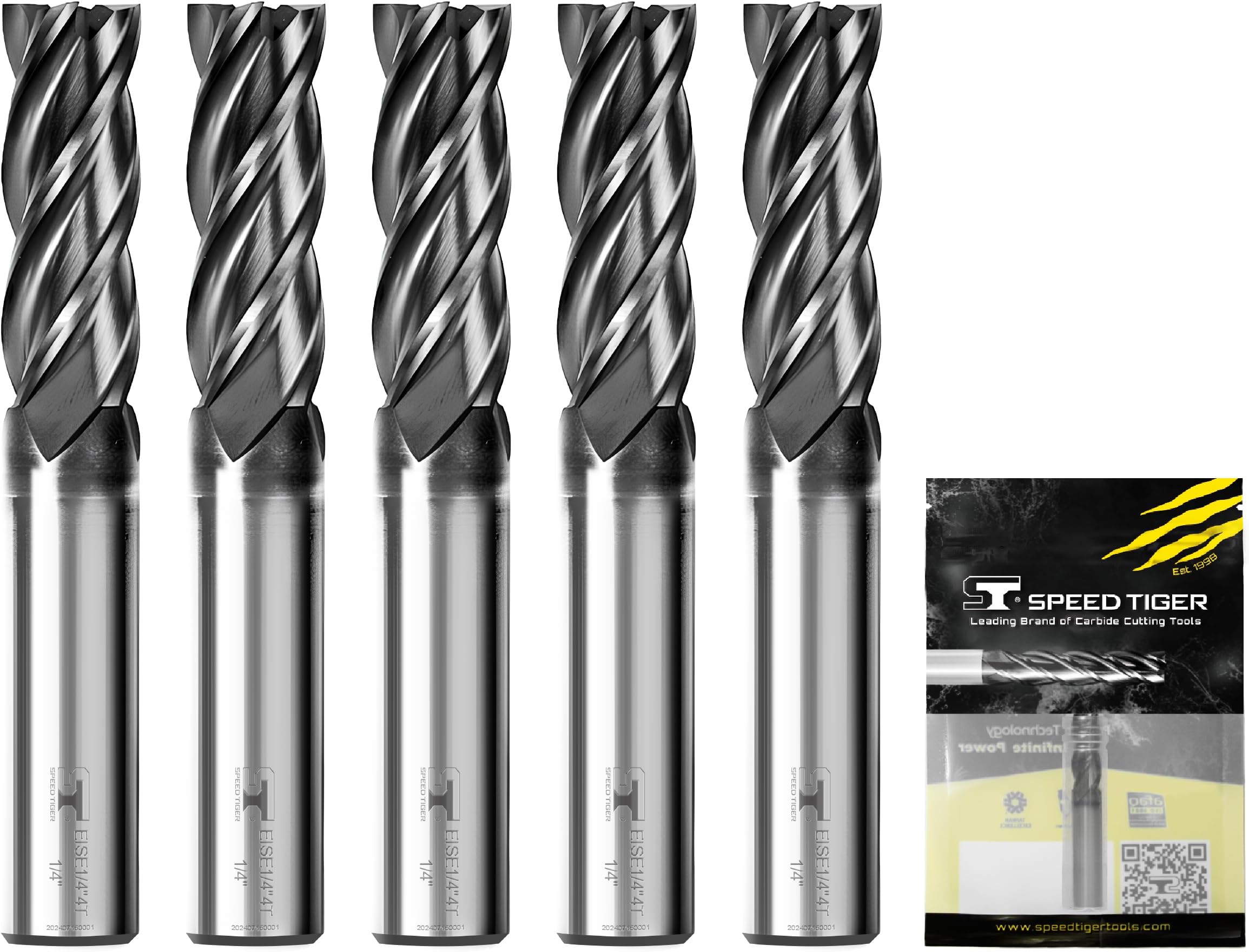 SPEED TIGER EISE 1/4" Carbide Square End Mill - 4 Flutes Milling Bits Set for Alloy Steels, Hardened Steels, Aluminum, Copper, Cast Iron, HRC 50 Deg AlTiN Coating, CNC Router Bits (5pcs)