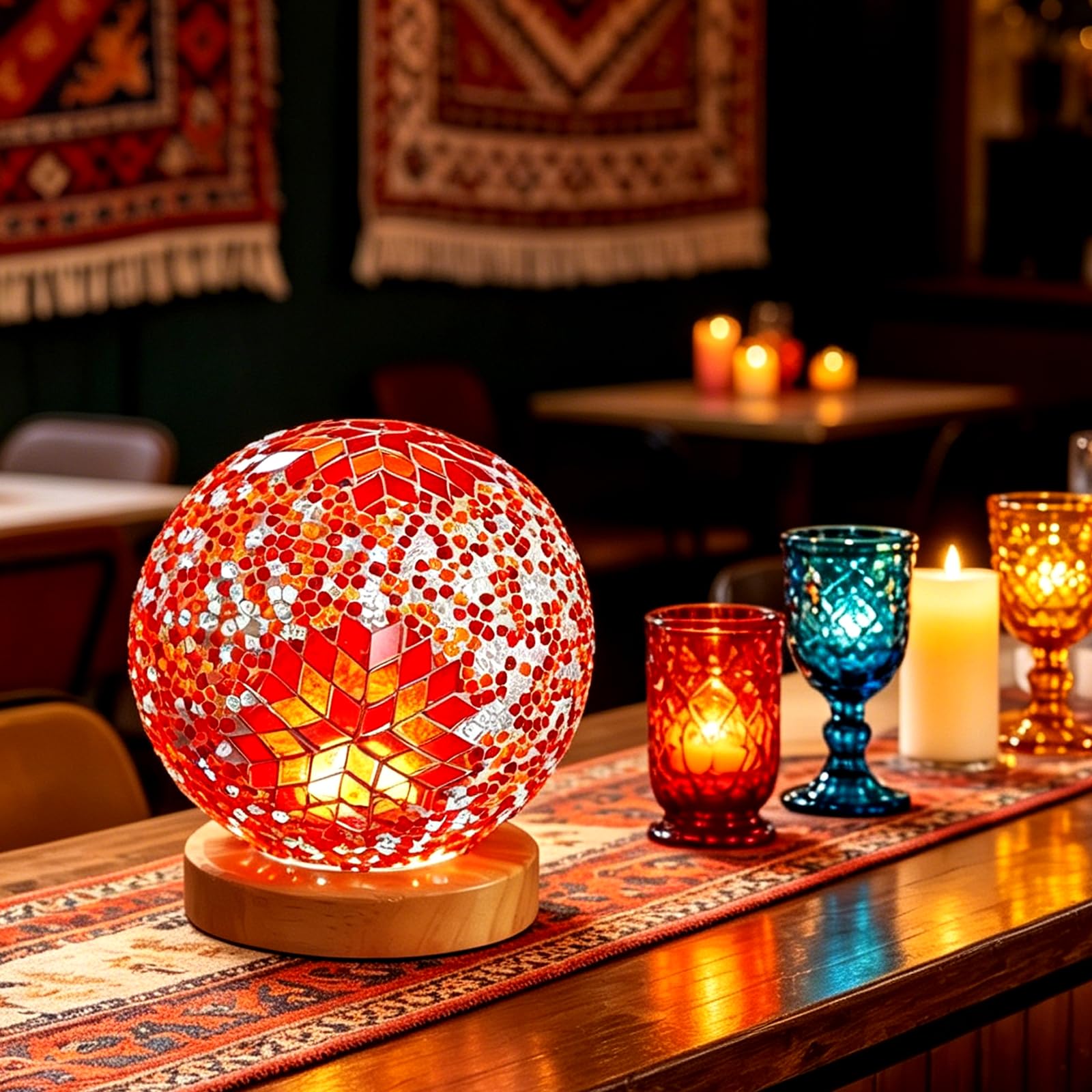 Retro Bohemian Style Glass Lamp USB Power Dimmable Bohemian Spherical Decorative Night Light Suitable for Festival Party Decoration Bar Hotel and Home Atmosphere Decorative Lights(Boho-Orange, Boho)