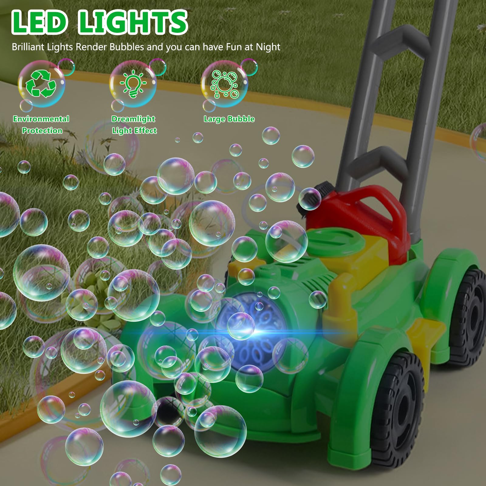Maquina Pompas Jabon, Cortacesped Juguete Burbujas Jardin, Maquina Burbujas Automatico, Juguetes Exterior para Niños Verano Fiesta, Regalos para Nayores de 3 4 5 Años (Verde)