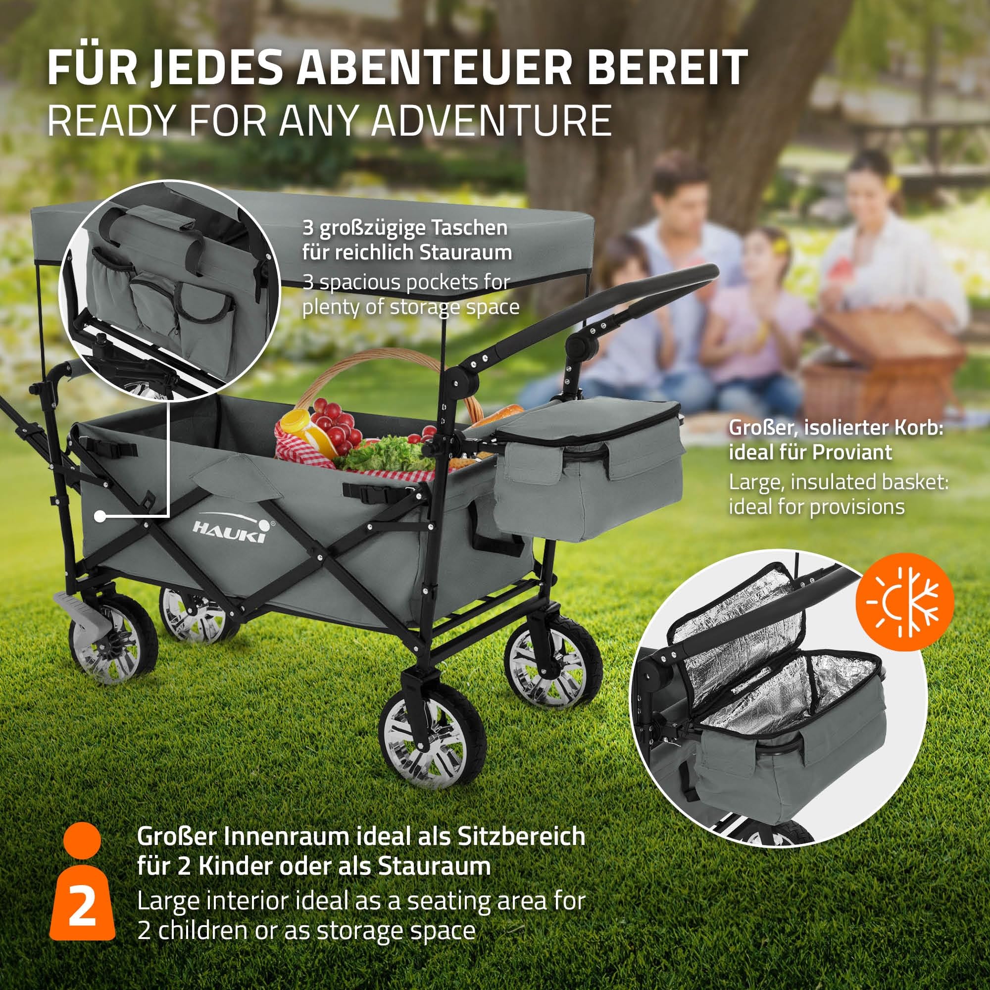 Hauki Chariot de Transport Pliable à Main avec Toit, Gris, Poussette de Plage Jardin avec Sac et Siège à 2 Places, Roulette avec Freins, Pivotante à 360°, Charge Max. 120 kg, pour Enfants/Outils