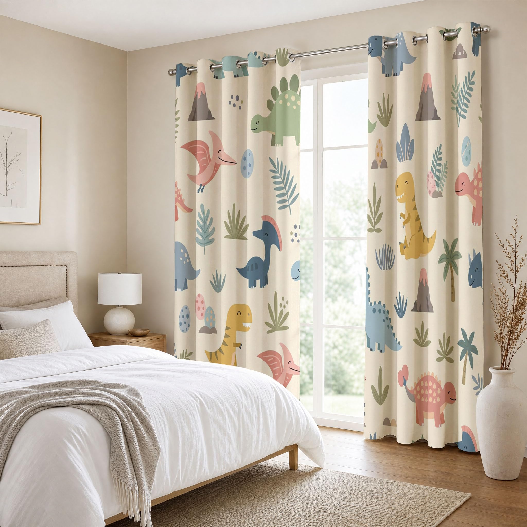 Nordische Kritzeleien Blackout Vorhänge H138 x B117 cm Verdunkelung Vorhang mit Ösen | Tyrannosaurus Rex, Triceratops Verdunklungsvorhänge, Schallschutz Vorhang für Wohnzimmer Kinderzimmer, Beige