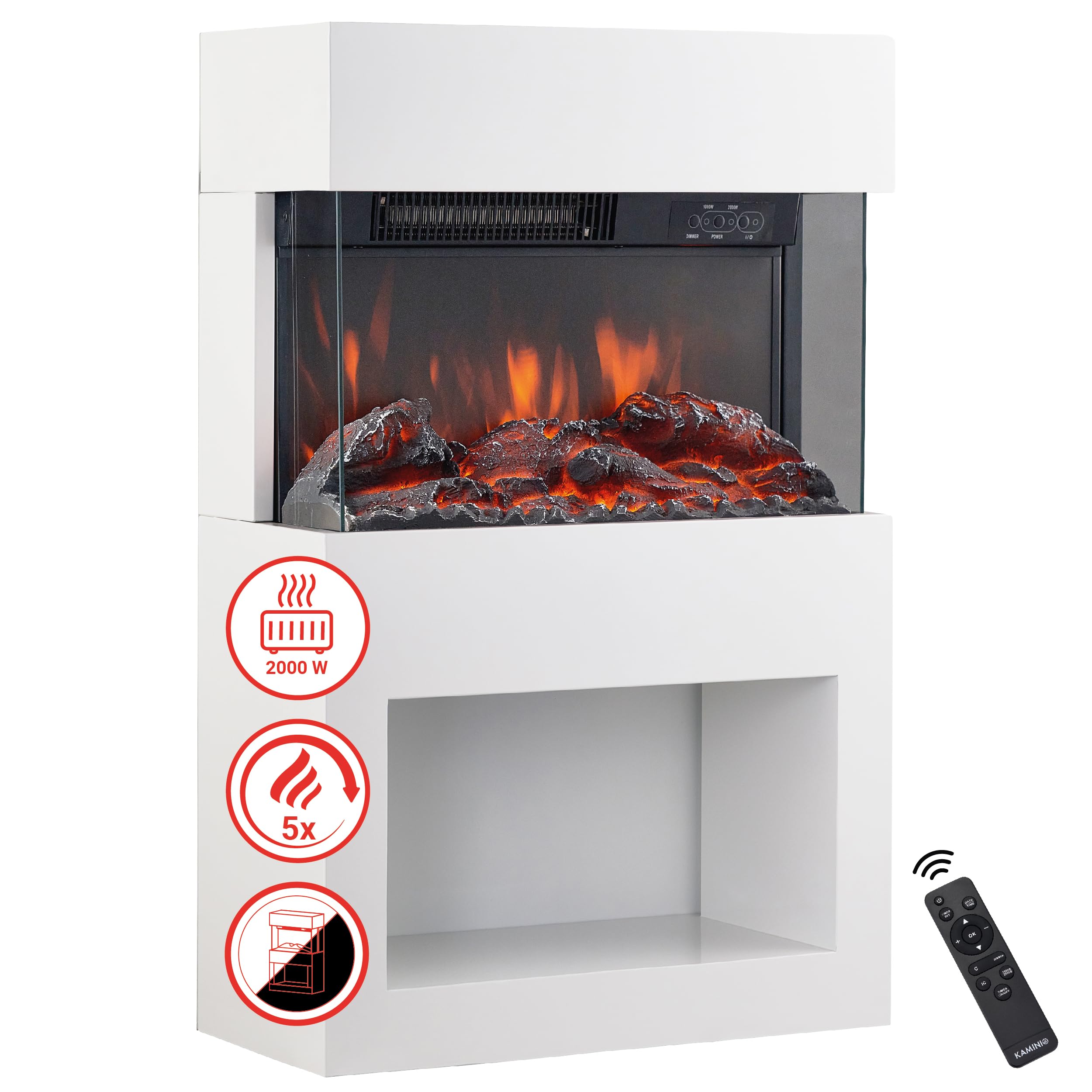 KAMINIO Eléctrica Chimenea Henri - Estufa de Chimenea eléctrica con calefacción, Efecto de Llama 3D, Compartimento para leña, luz Ambiental LED, Control Remoto (Blanco)