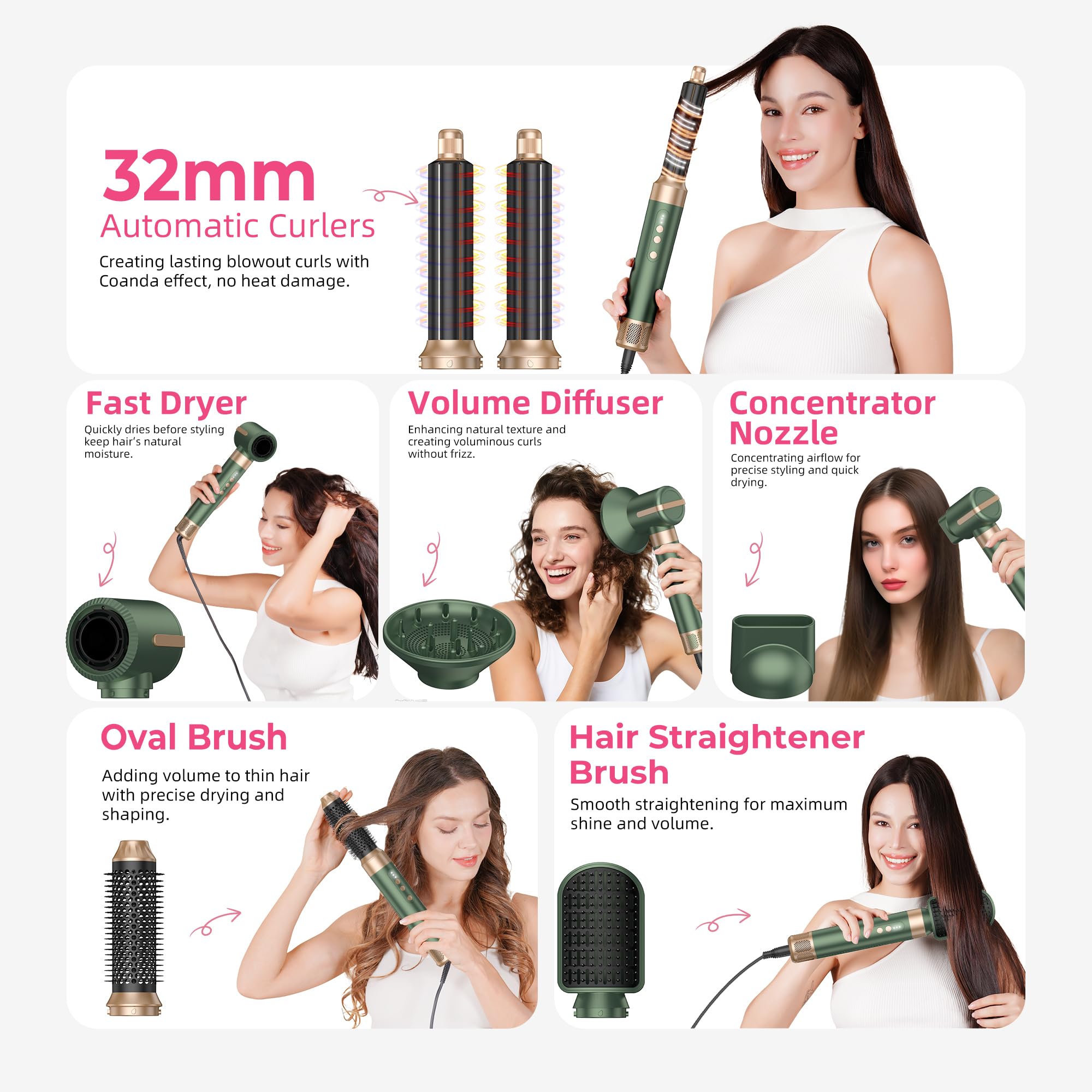 Atopskins Hairstyler Warmluftbürste 7 in 1 Airstyler set,110000 RPM Ionen Haartrockner Set mit Föhn,Luftstrom Rundbürsten Föhnbürste, Lockenstab,Glättbürste,für Haar Volumen, Glätten,Locken und Föhnen