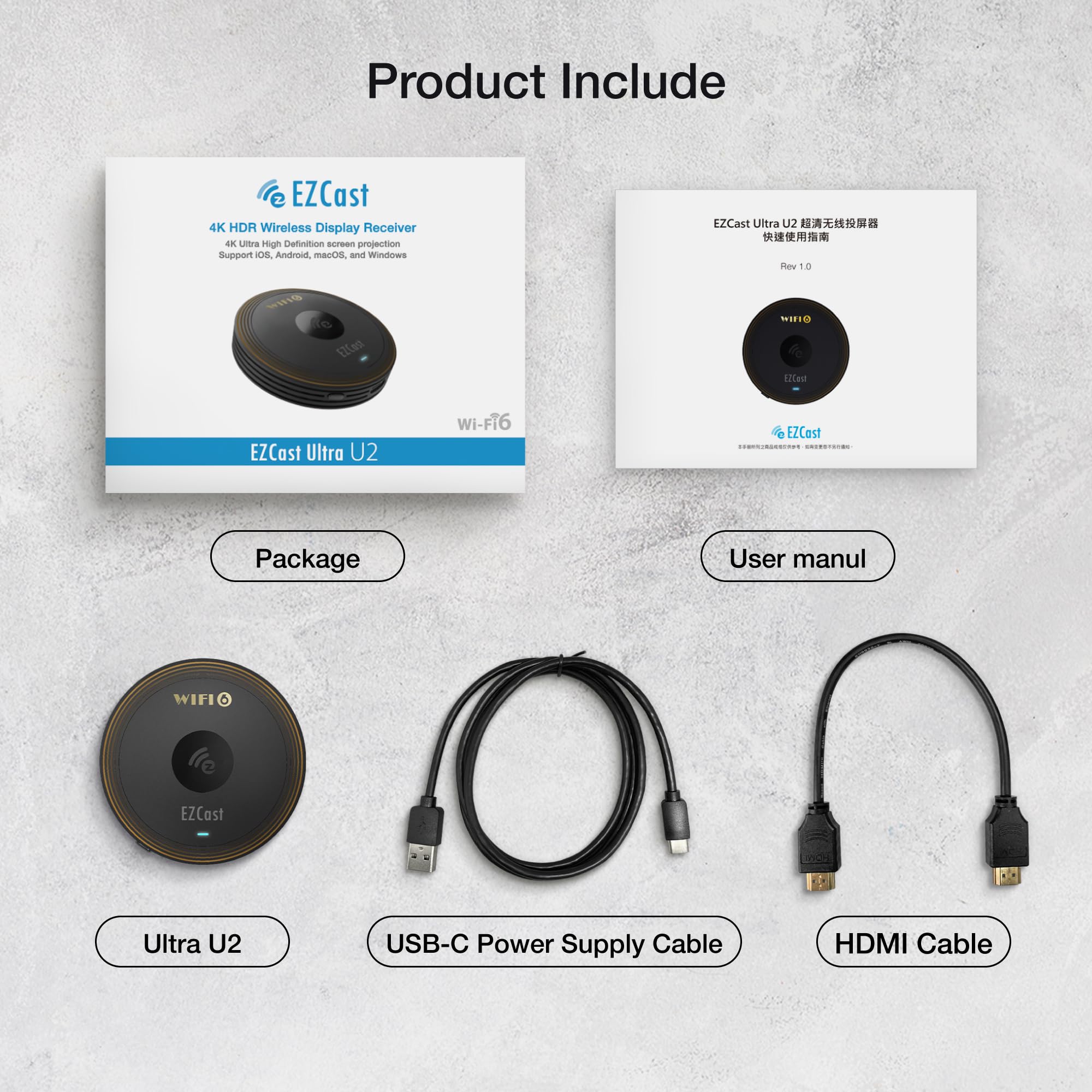EZCast Ultra U2 4K Wireless Display Adapter - WiFi 6 HDR DLNA AirPlay Miracast Bildschirmspiegelung und Bildschirmverlängerung für PC Laptop iOS Android