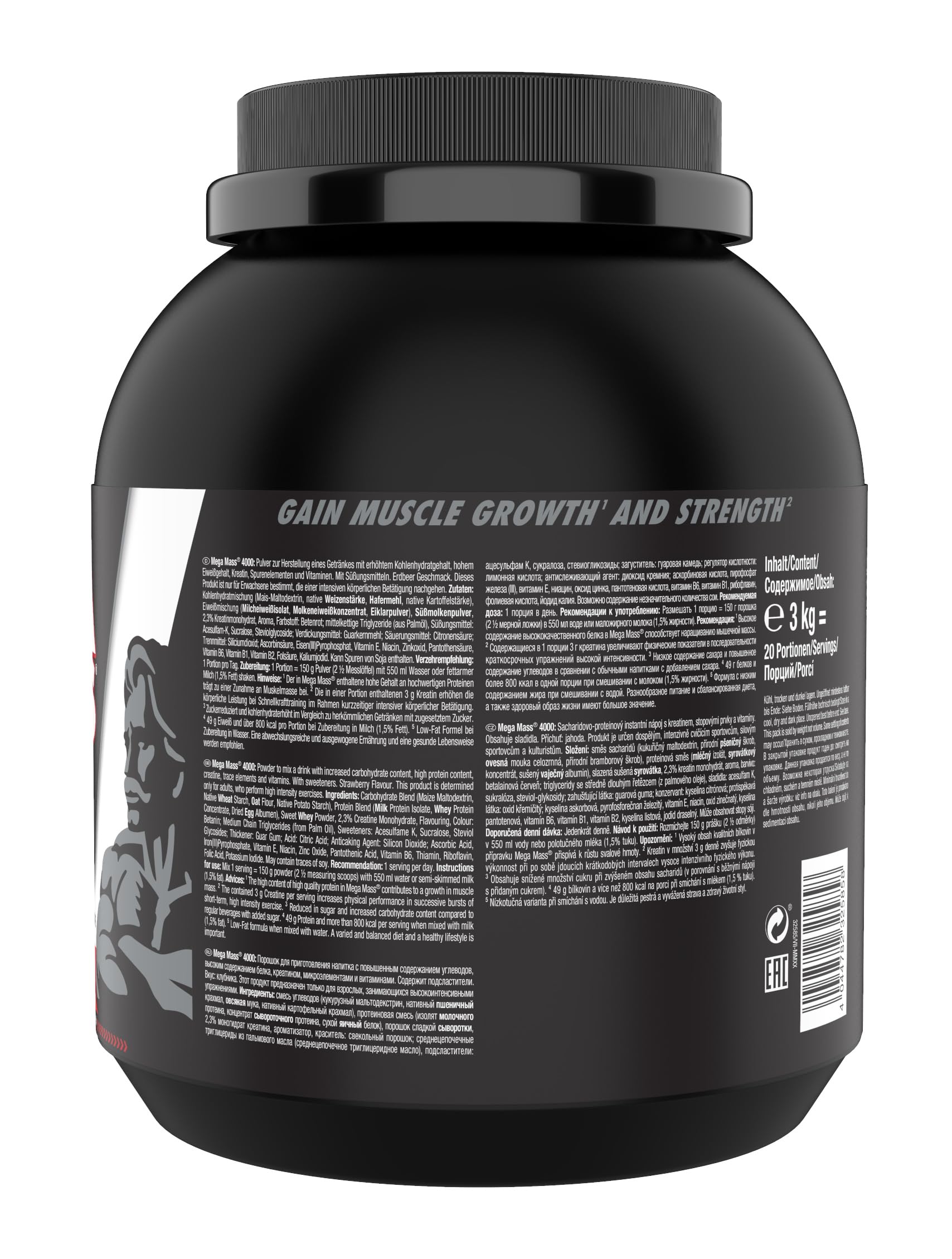 Weider Mega Mass 4000 3 kg - Legendarny Gainer z Węglowodanami, Białkiem, Monohydratem Kreatyny Creapure, Witaminami i Minerałami, Smak Truskawkowy