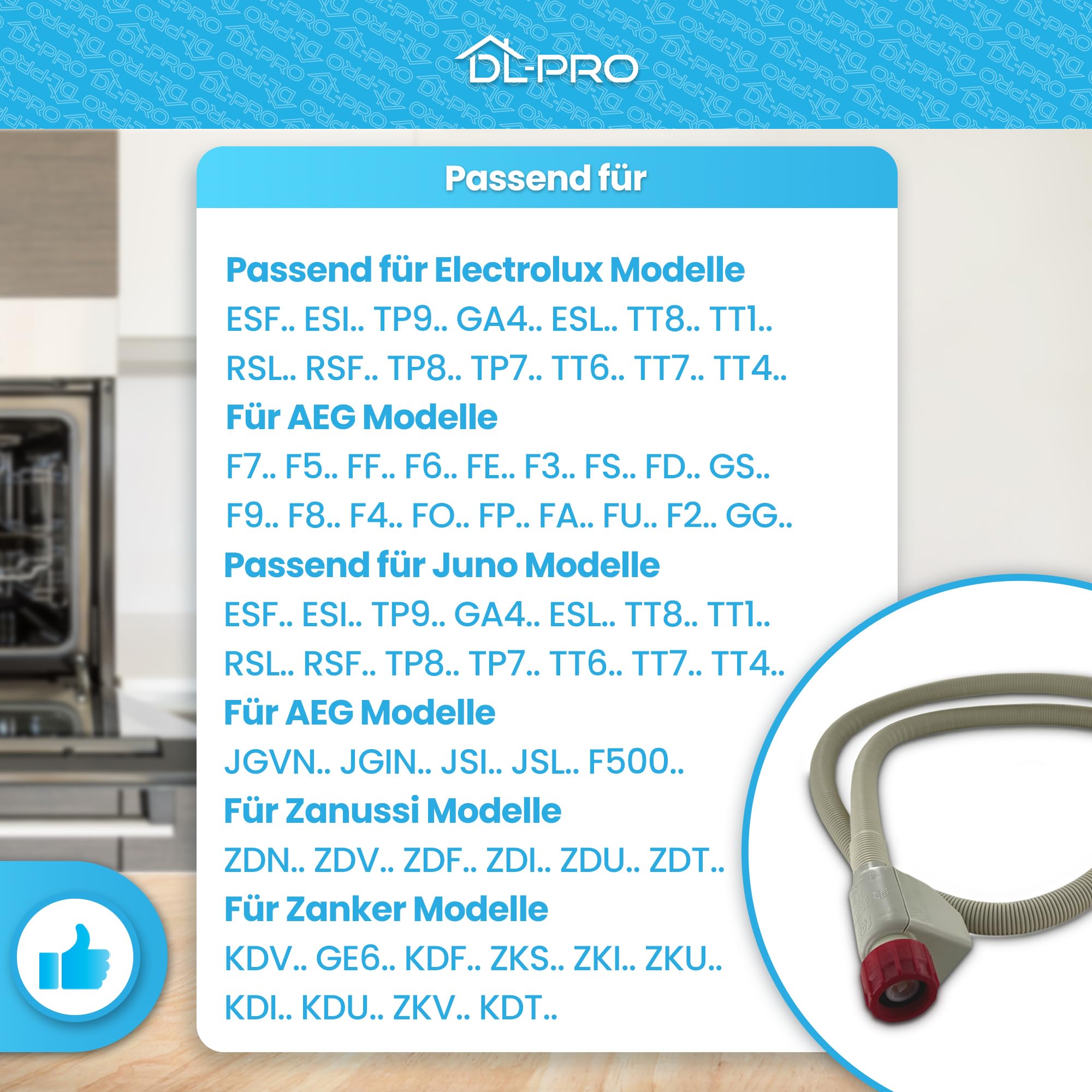 DL-pro Manguera de entrada de agua 1,5m para lavavajillas y lavaplatos para AEG Electrolux Juno 14018058901/6 140180589016 14018058901 Aquastop