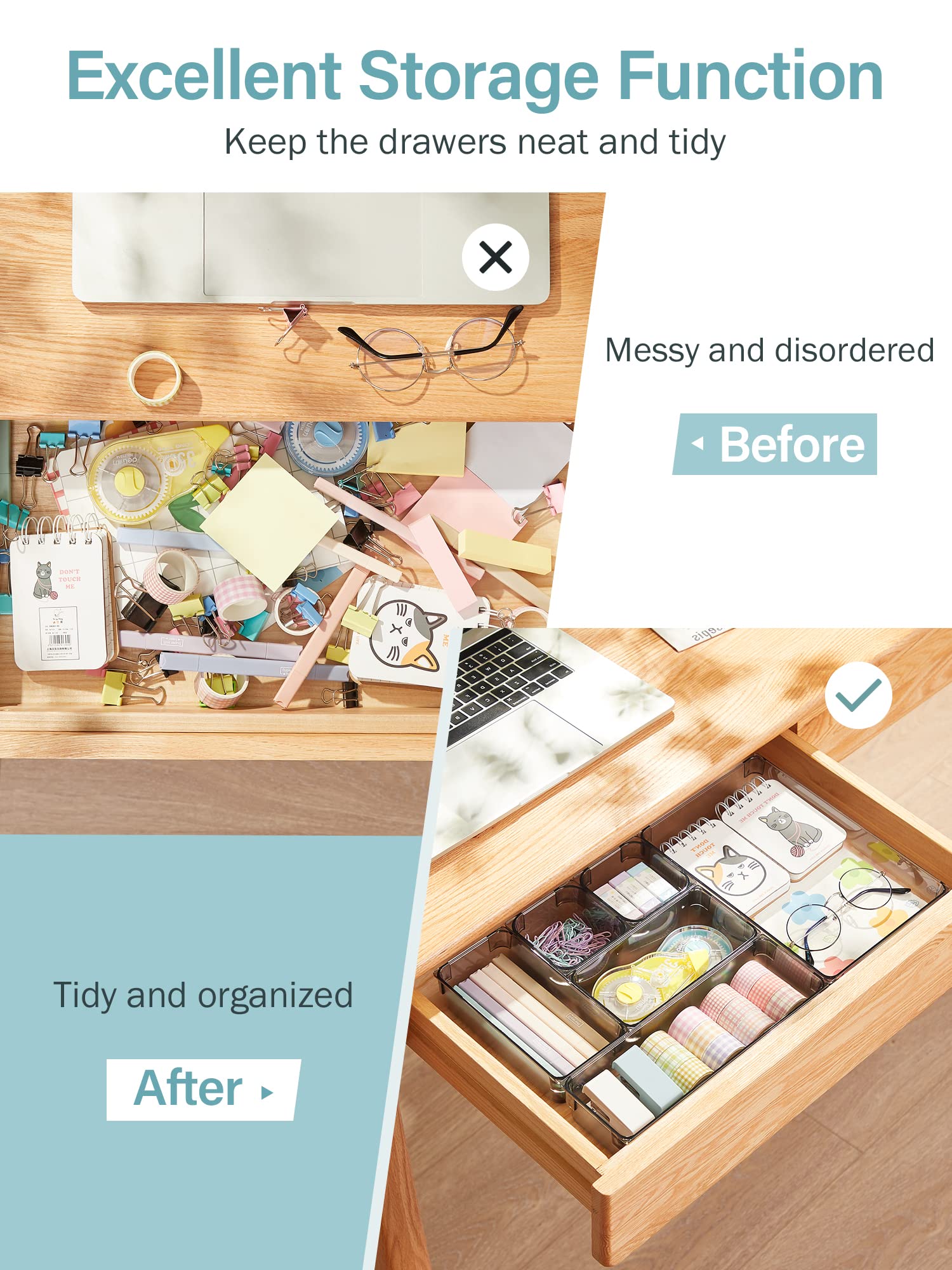 Kootek 16 Pcs Desk Drawer Organizer Set 5-Size Bathroom Drawer Tray Dividers Versatile Storage Bins Plastic Vanity Trays Organizers Divider Container for Dresser Makeup Kitchen Utensil Office