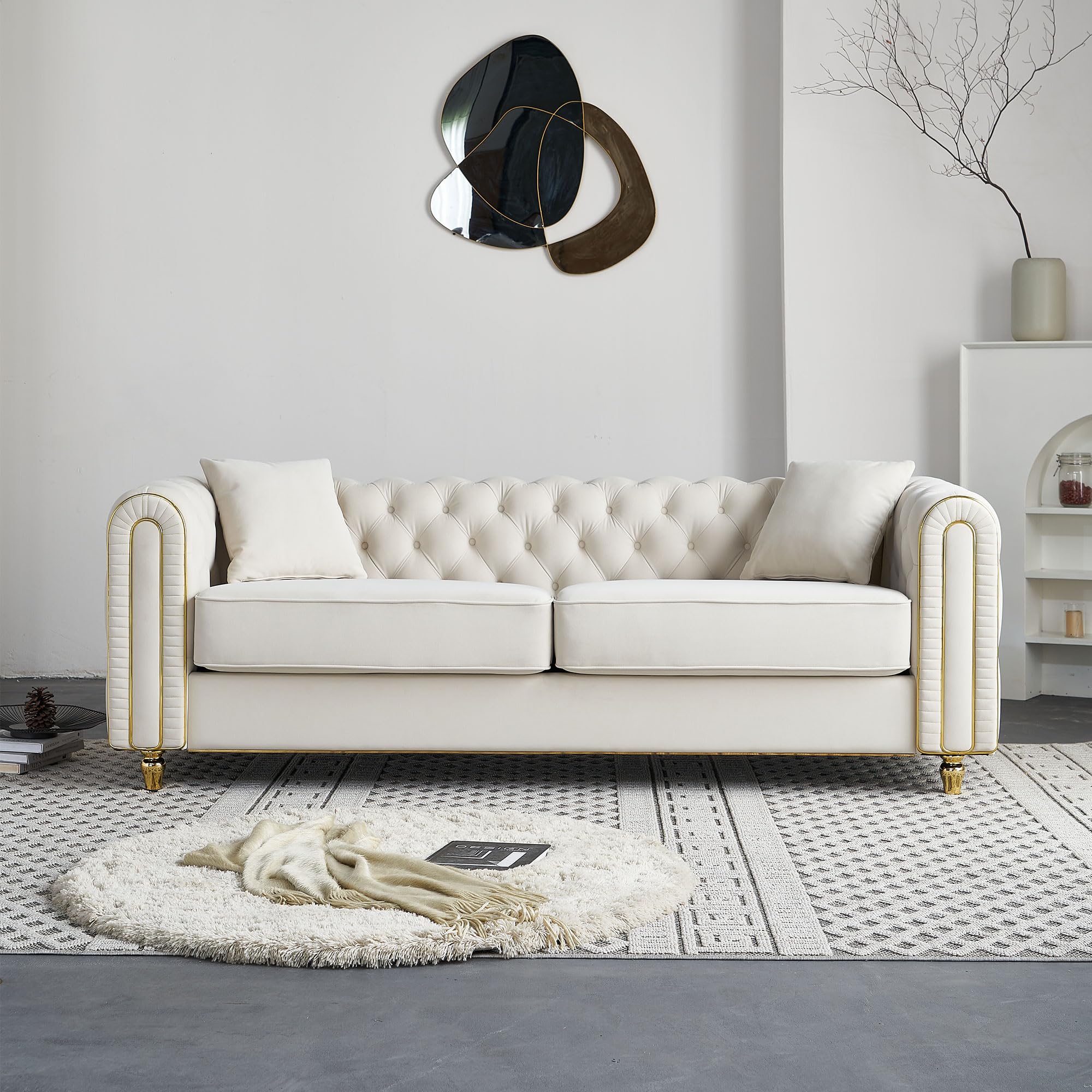 KEIKI 86" Chesterfield Velvet Button Tufted Sofa with High Density Foam Cushions and 2 Toss Pillows, Modern Style 3-Seater Couch with Gold Strip Trim Decoration, Easy Assembly, for Living Room, Beige