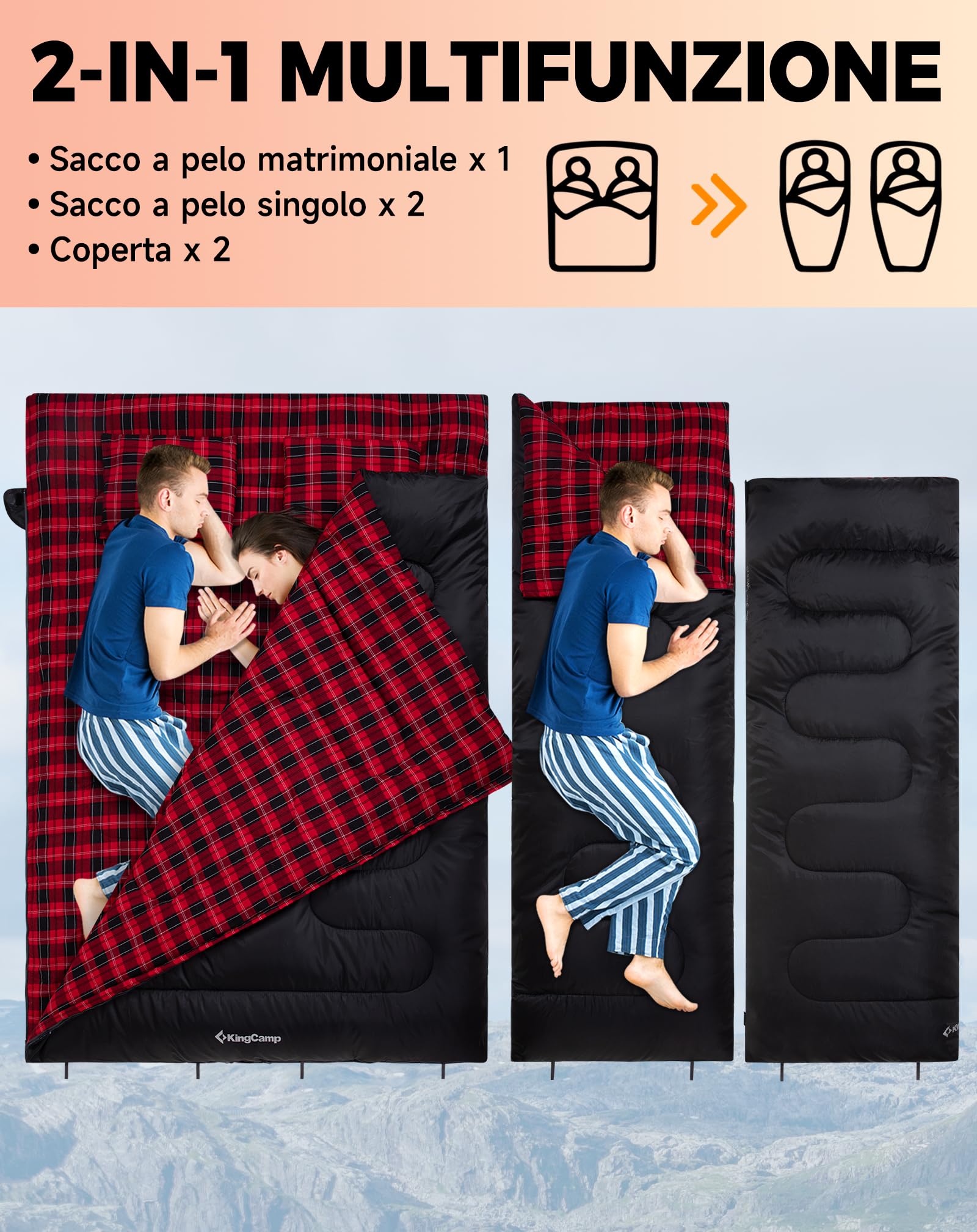 KingCamp Sacco a Pelo Matrimoniale Extra Grande -3℃-12℃ Separabile in 2 Sacchi a Pelo Singola Sacco a Pelo Doppio 3 Stagioni Portatile Comodo Campeggio Leggero con Custodia