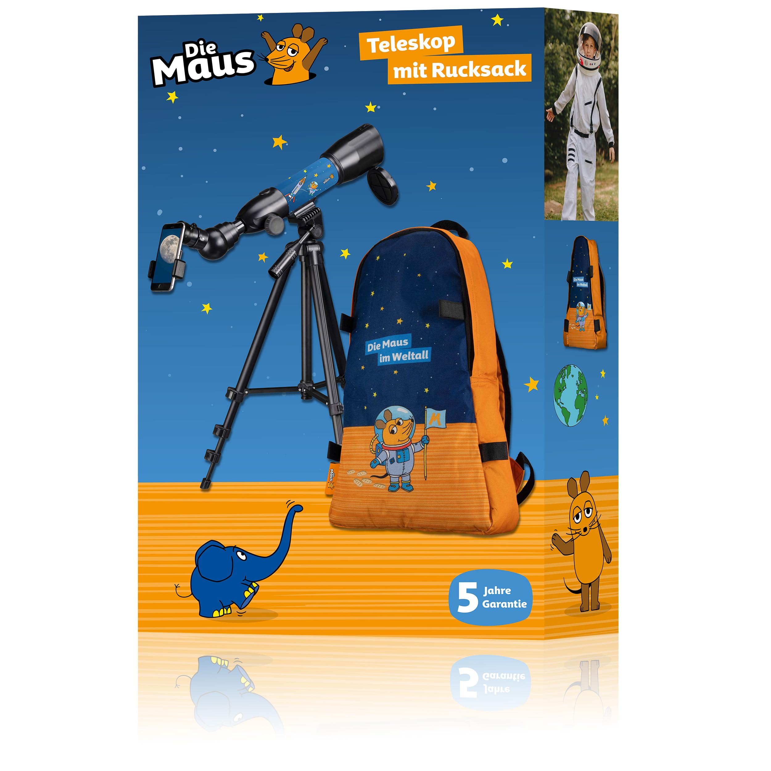 DieMaus Linsenteleskop 50/350 für Kinder mit Rucksack Smartphone-Halterung Zubehör Mondfilter Stativ