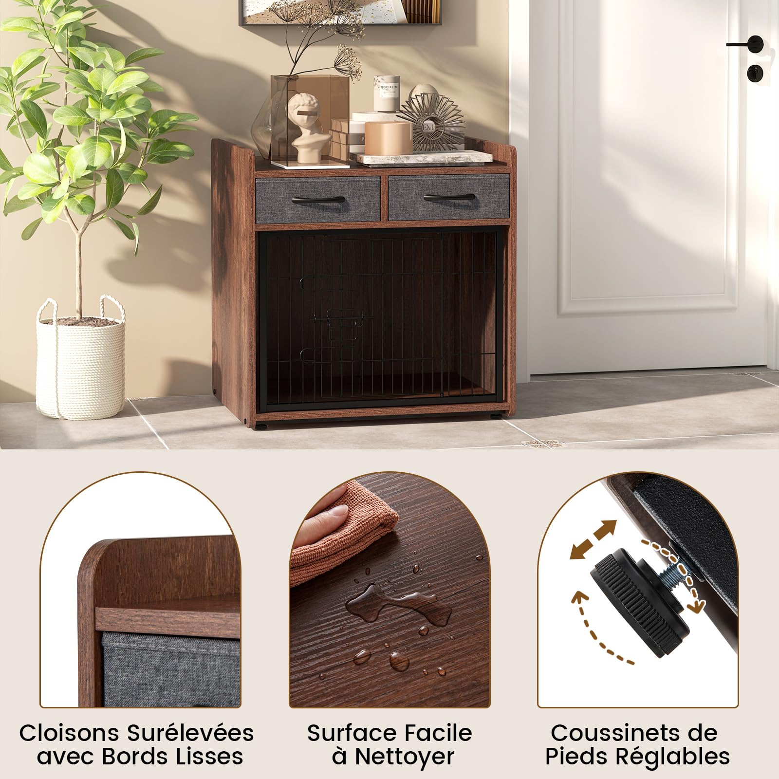 GOPLUS Caisse pour Chien en Bois avec 2 Tiroirs en Tissu, Porte Verrouillable, Meuble pour Chenil Intérieur, Cage Robuste pour Petits et Moyens Chiens, Style Moderne