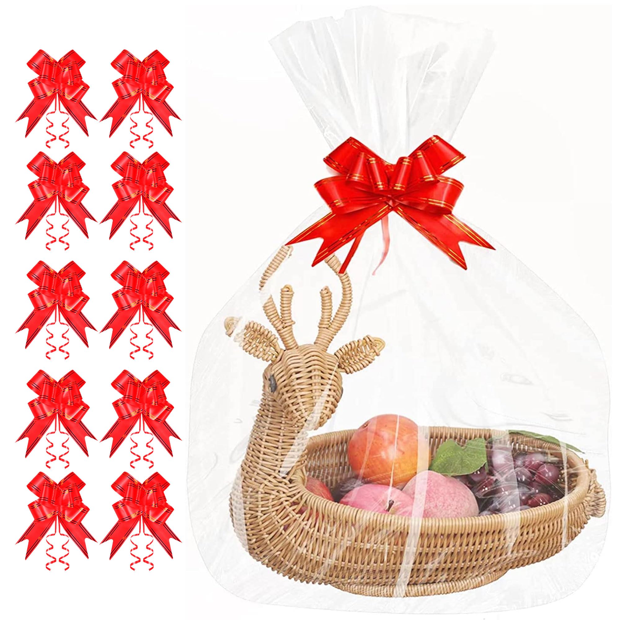 JOYIT 50PCS Large Cellophane Wrap for Gift Baskets, 18x30 Inch Clear Cellophane Bags with 50 Red Bows, 3 Mil Thicker Cellophane Gift Bags for Gift