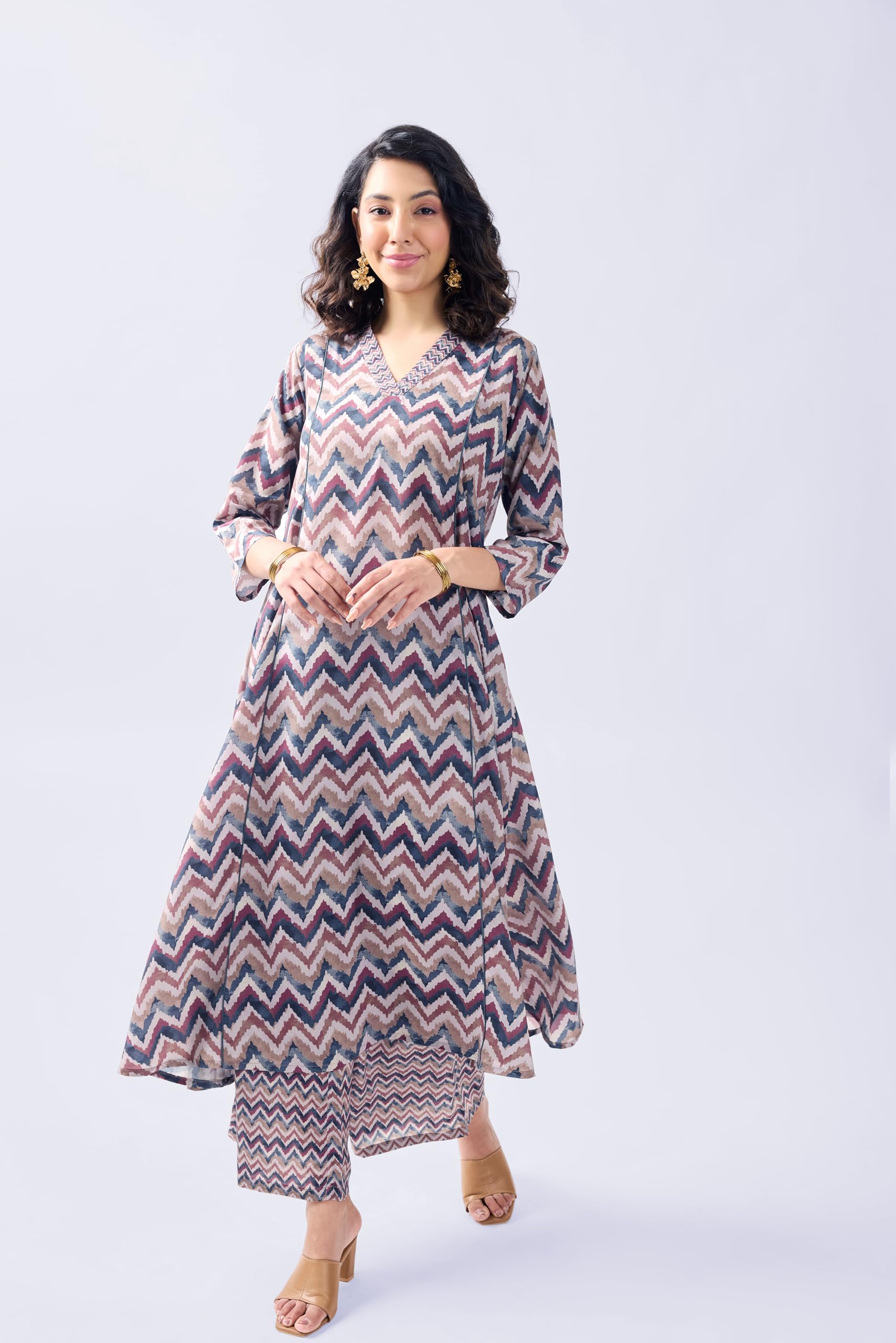 Toochki Women's Multicolor Zig-Zag Printed Rayon Stitched Dress | Dress For Women Co Ord Set | Latest Women Dress With Pant | Two Piece Maxi Length Co Ord Set Dress
