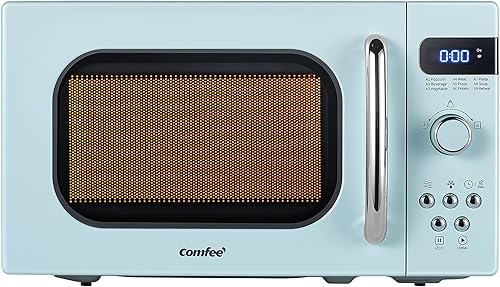 COMFEE' - Horno microondas retro de tamaño compacto para encimera, base giratoria con memoria de posición, botón de encendido y apagado de sonido