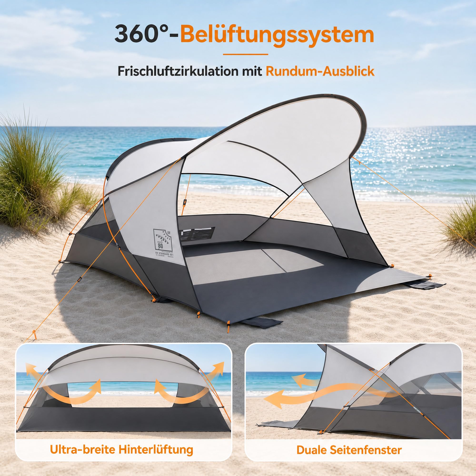 High Peak Strandmuschel mit UPF 80+, verlängertem Sonnendach und Windschutz