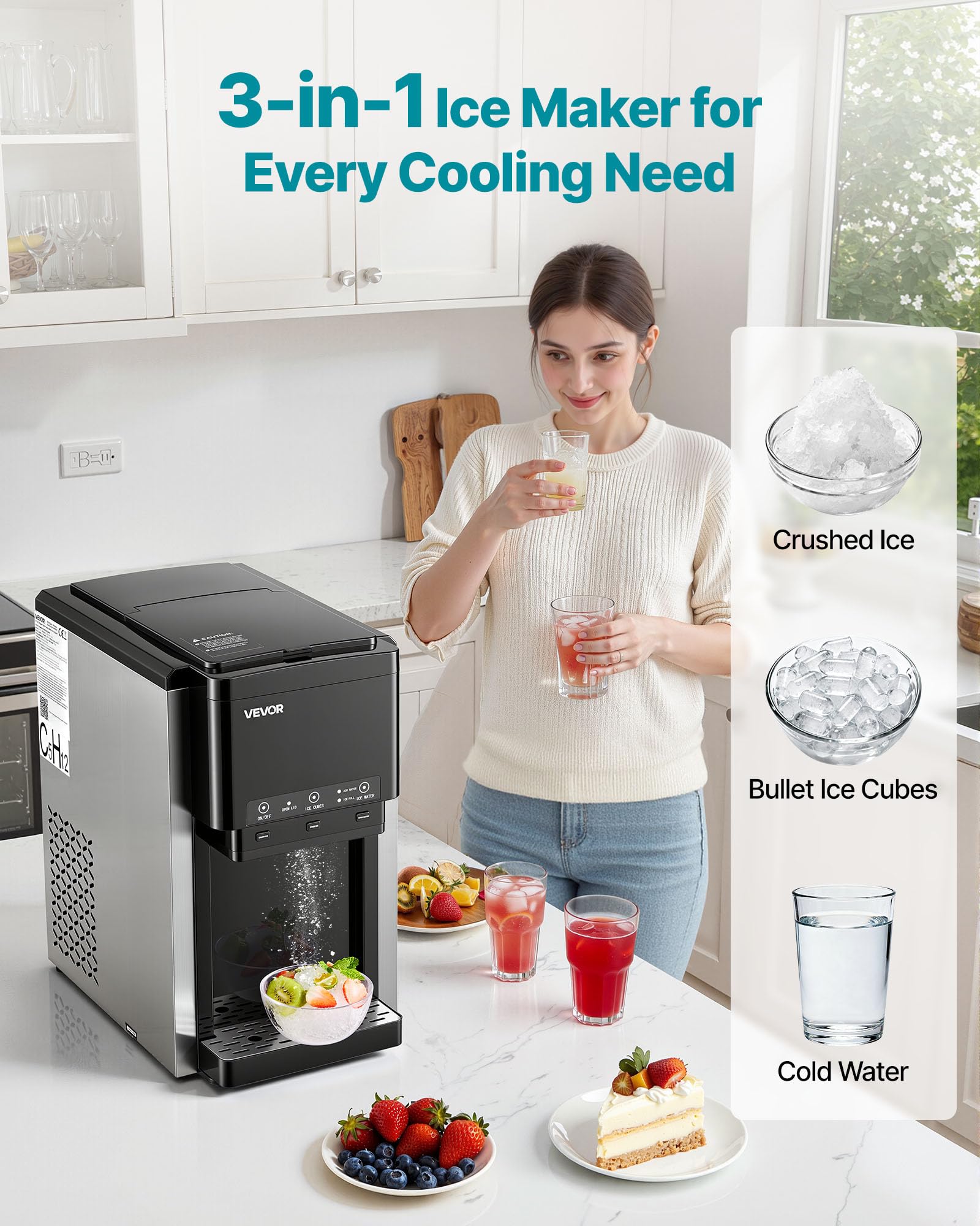 VEVOR Dispensador de Agua con Máquina de Hielo, 7 min/12 Piezas,16 kg/Día, Producción Rápida con Depósito, Hielo Esférico/Picado y Agua Fría, Ideal para Fiestas en la Cocina, 280 x 440 x 480 mm,