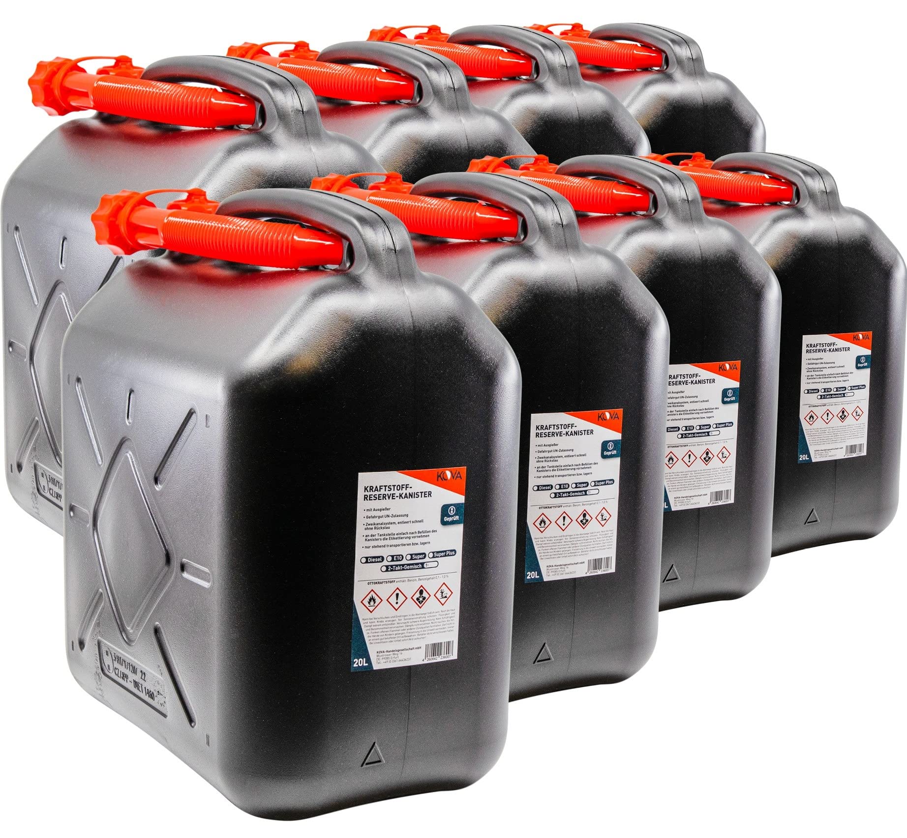 KOVA® 8x Benzinkanister 20L SCHWARZ Kunststoff Dieselkanister Reservekanister Kraftstoffkanister 20 Liter Wasserkanister für Benzin Diesel Wasser AdBlue, 20-Liter-Kanister Außgießer 20 ltr Petrol Can