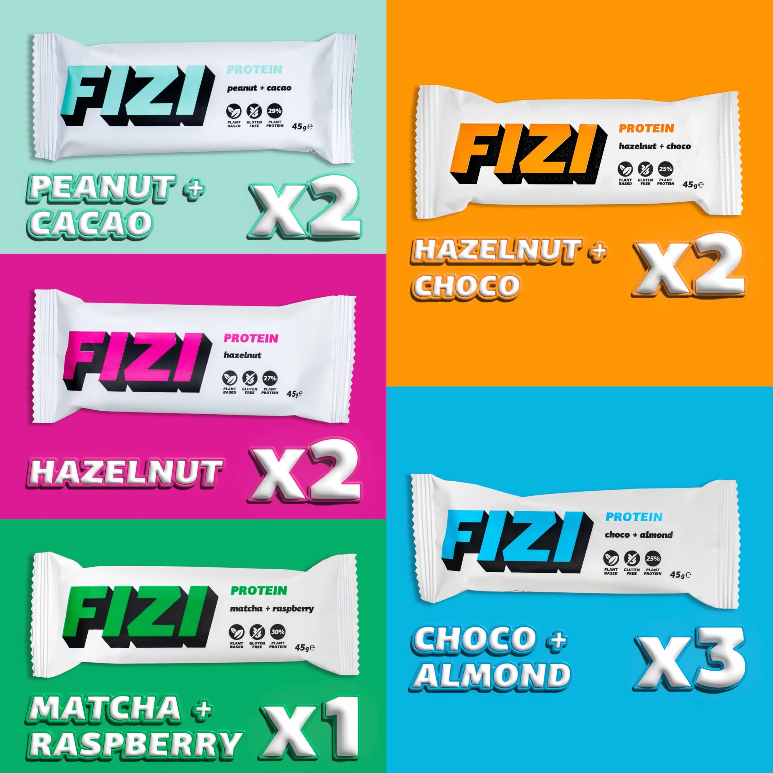 FIZI Protein Bar – Pack Variado 10 x 45 g – Barritas Proteicas con Proteína Vegana, Mínimo 11 g por Porción – Sin Gluten, Lactosa y Azúcar Añadido – Snack Proteico Surtido – Pack de Degustación