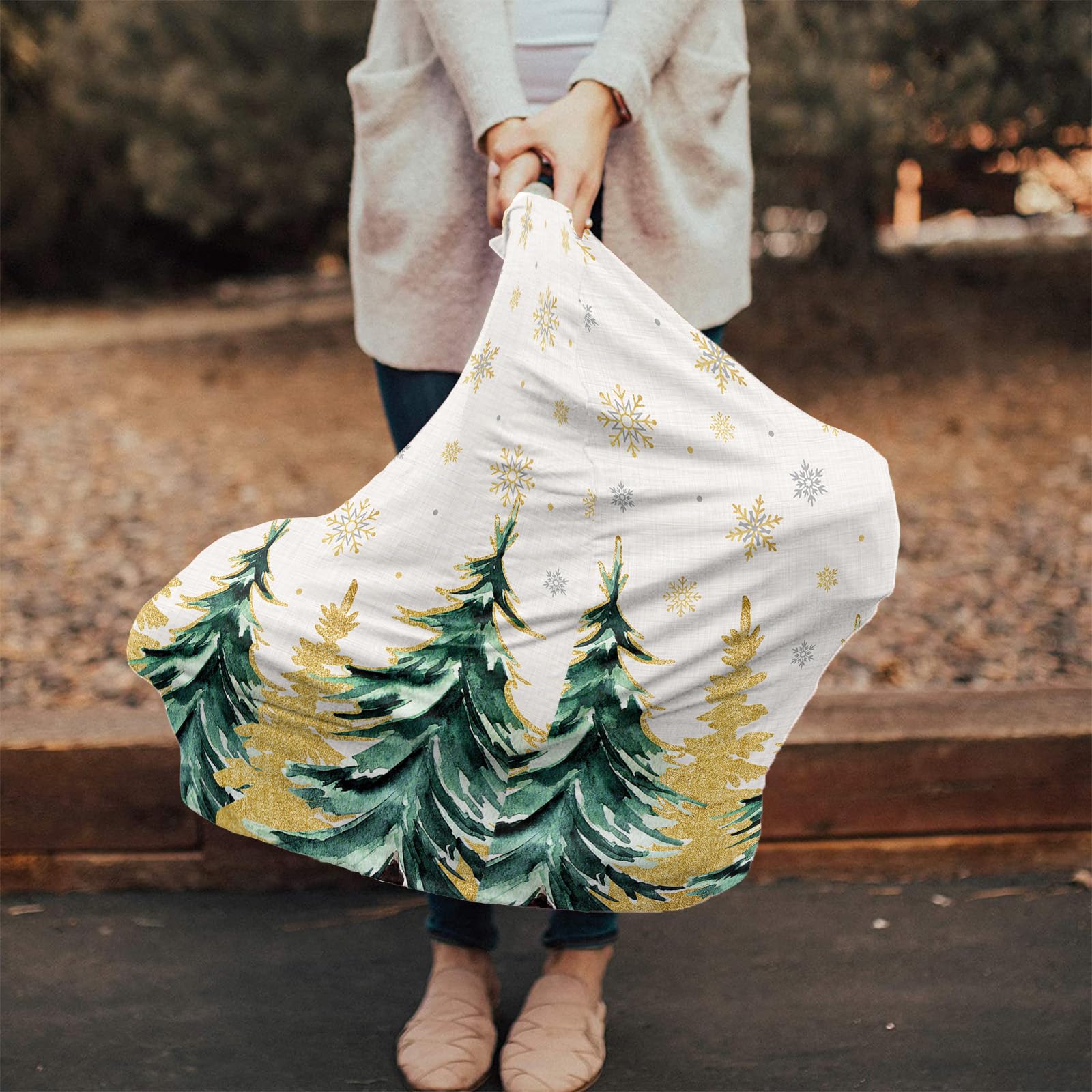 Nursing Cover for Breastfeeding Scarf, Christmas Green Xmas Tree Gold Snowflake Baby Car Covers Super Soft Multi Use for Canopy Shopping Cart Cover Blanket Stroller Cover