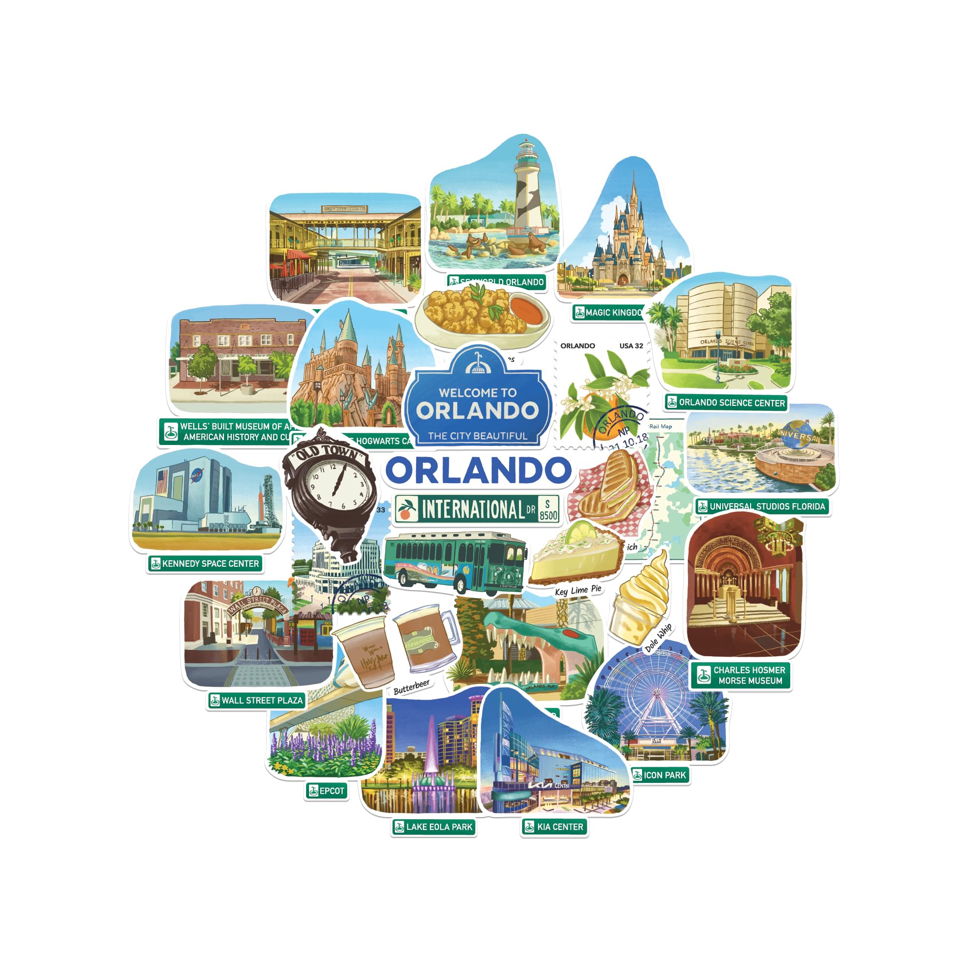 Navy Peony Magical Orlando Statement Stickers - Hand-Illustrated Gouache, Glossy, Waterproof - for Suitcases, Laptops, Water Bottles (28-Piece Set)