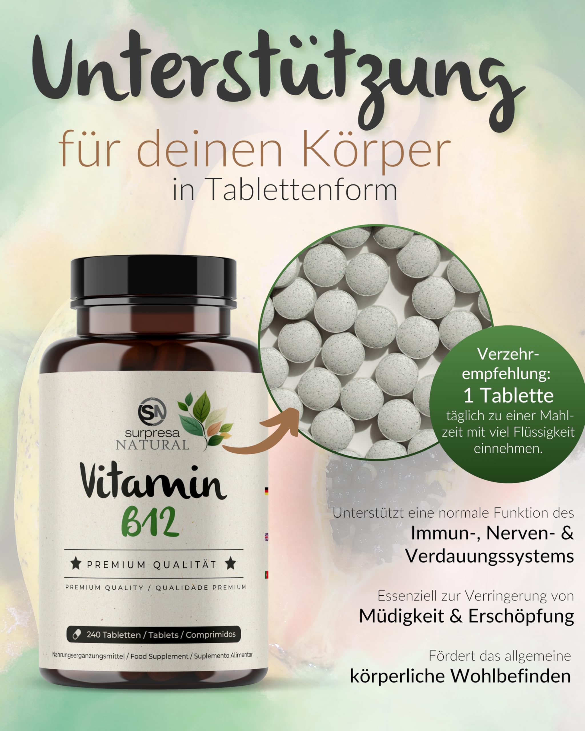 Vitamin B12 Tabletten I 5 x 240 Stück I Mit 500 µg Vitamin-B 12 aus Methyl- & Adenosylcobalamin I Vorrat für 40 Monate I Vitamin-B-Komplex hochdosiert I 100% vegan & natürlich