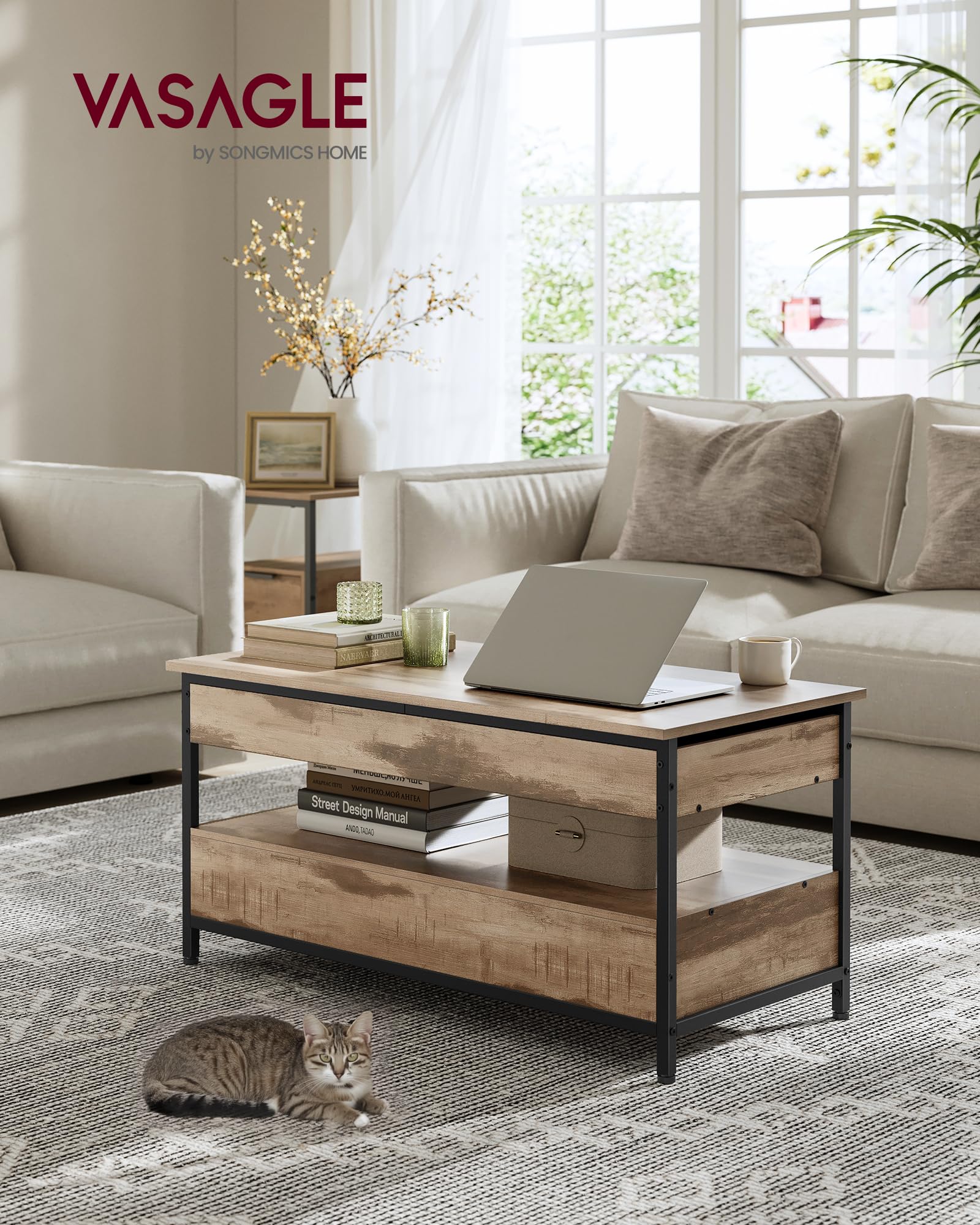 VASAGLE Table Basse, Table de Salon avec Plateau Relevable, Tiroirs de Rangement, avec Rangement Ouvert et Compartiment Caché, Marron Camel et Noir d'encre LCT209K02