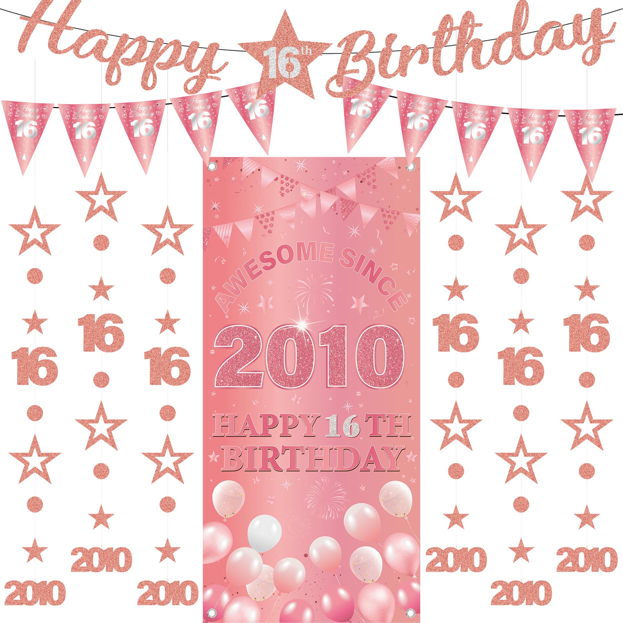 16th Birthday Decorations Girls Banners - 9 Pcs Rose Gold Happy Birthday Banner Awesome Since 2010 Curtain Twinkle Star Dot Hanging Streamer Pennant for Girl 16 Years Old Party Wall Decor Supplies