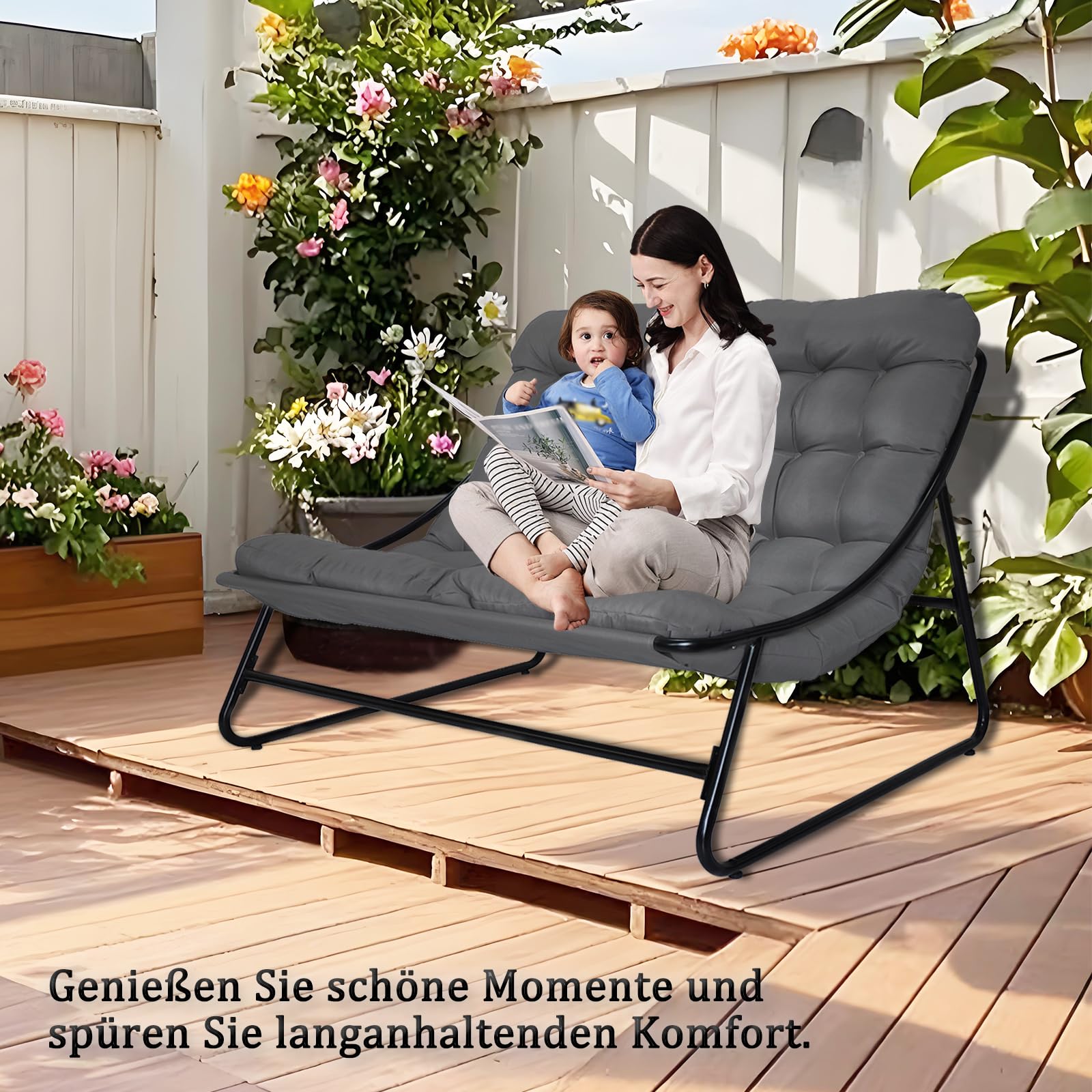 Loungesessel Garten für 2 Personen, Outdoor Relaxsessel und Balkon Sessel bequem, Balkonsessel als Gartensessel Outdoor, für Wohnzimmer, Garten, Balkon, Terrasse (Doppelstuhl)