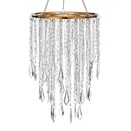 Acrylic Chandelier Ceiling Light Shade Beaded Hanging Pendant Lampshade with Gold Frame for Bedroom for Wedding Party H12.9" X W8.7" 3 Tiers