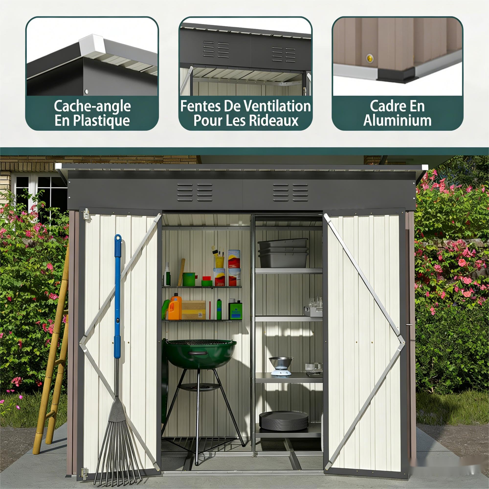 Gartenhaus Braun aus Metall, Geräteschuppen 229x111x182cm Kompakt, Fundament inklusive, Wetterfest und abschließbar, Für kleine Gärten