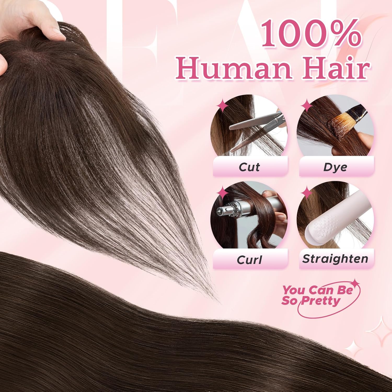 11 Inches Human Hair Topper, with Hand-Tied Lace Base, 2.8"x4.3" Breathable Base for Adding Volume, Length & Coverage, Air Bangs, Dark Brown