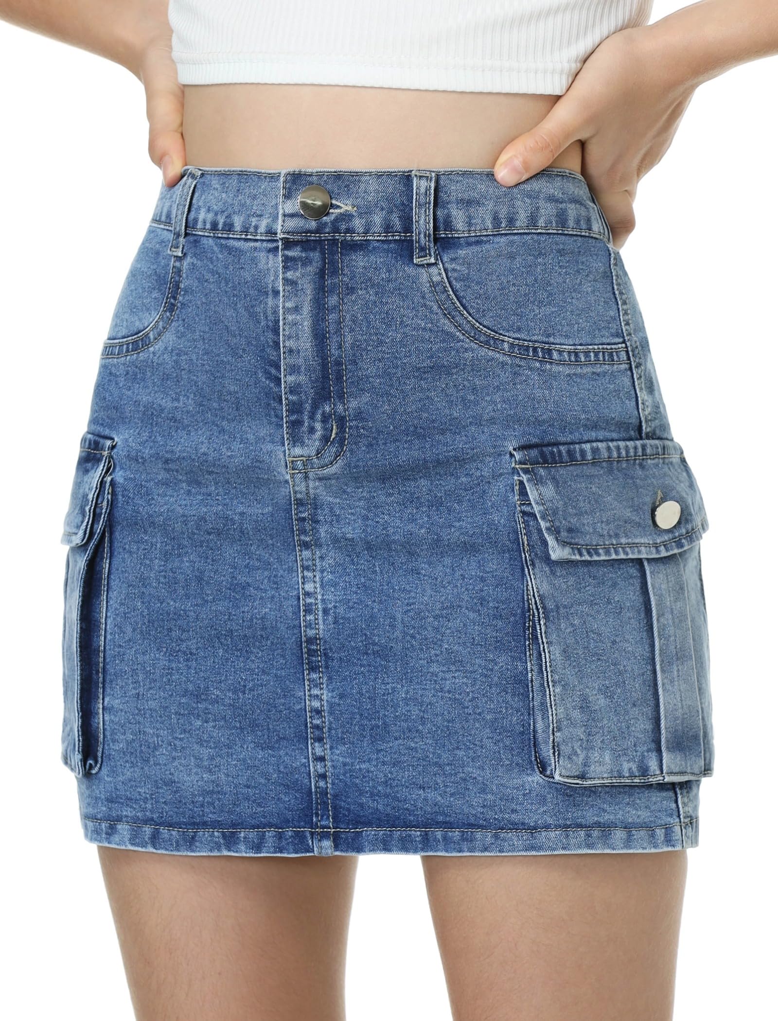 EXARUS Gonna cargo da ragazza, in cotone elastico, a vita alta, linea ad A, minigonna corta con tasche, per la scuola, casual, 8-14 anni