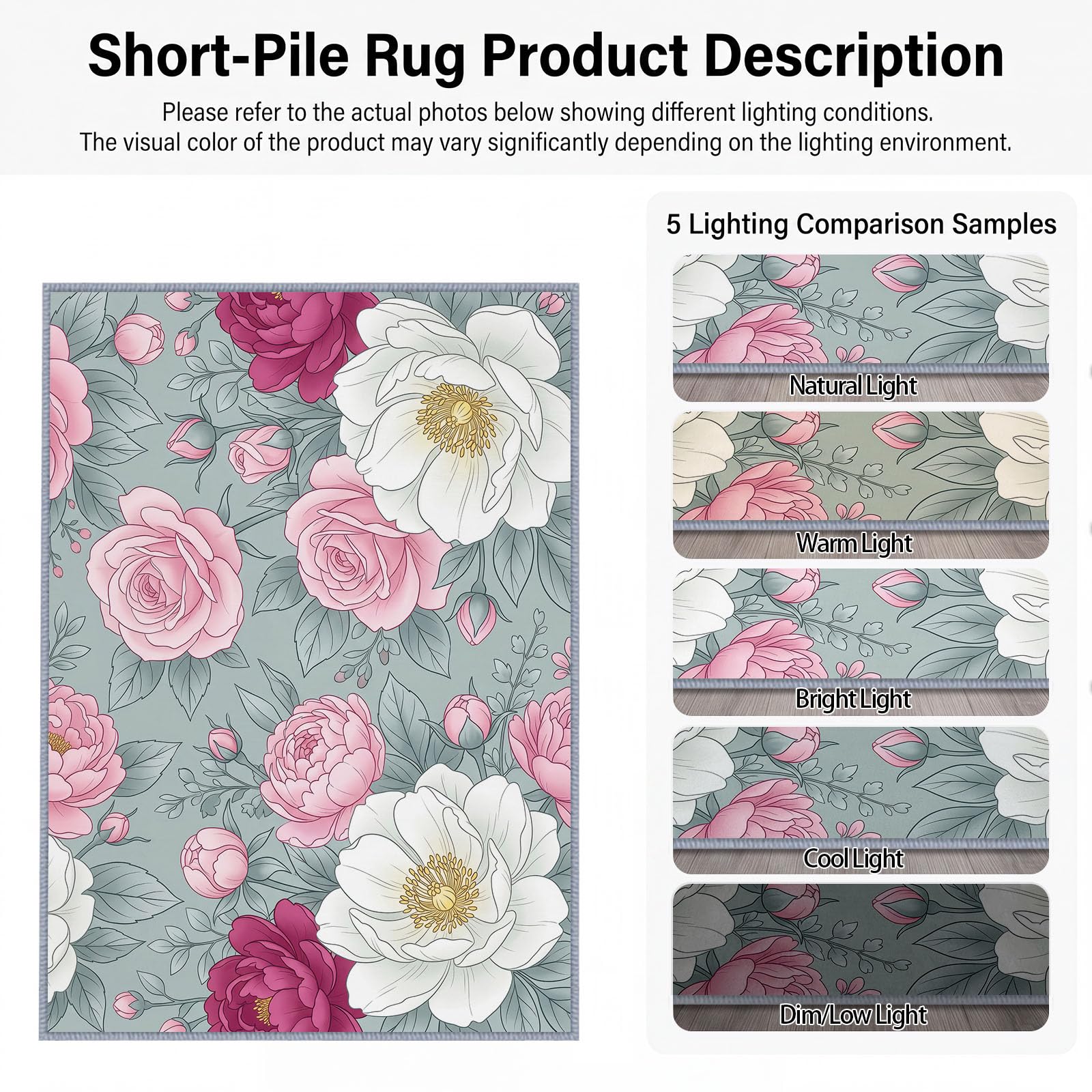 Générique Floral Pivoine Tapis Salon 80x150 cm, Lavable en Machine AntidéRapant Poil Ras Classique Romantique Style Victorien Tapis, pour Chambre Salle a Manger Descente de Lit Bureau Cuisine