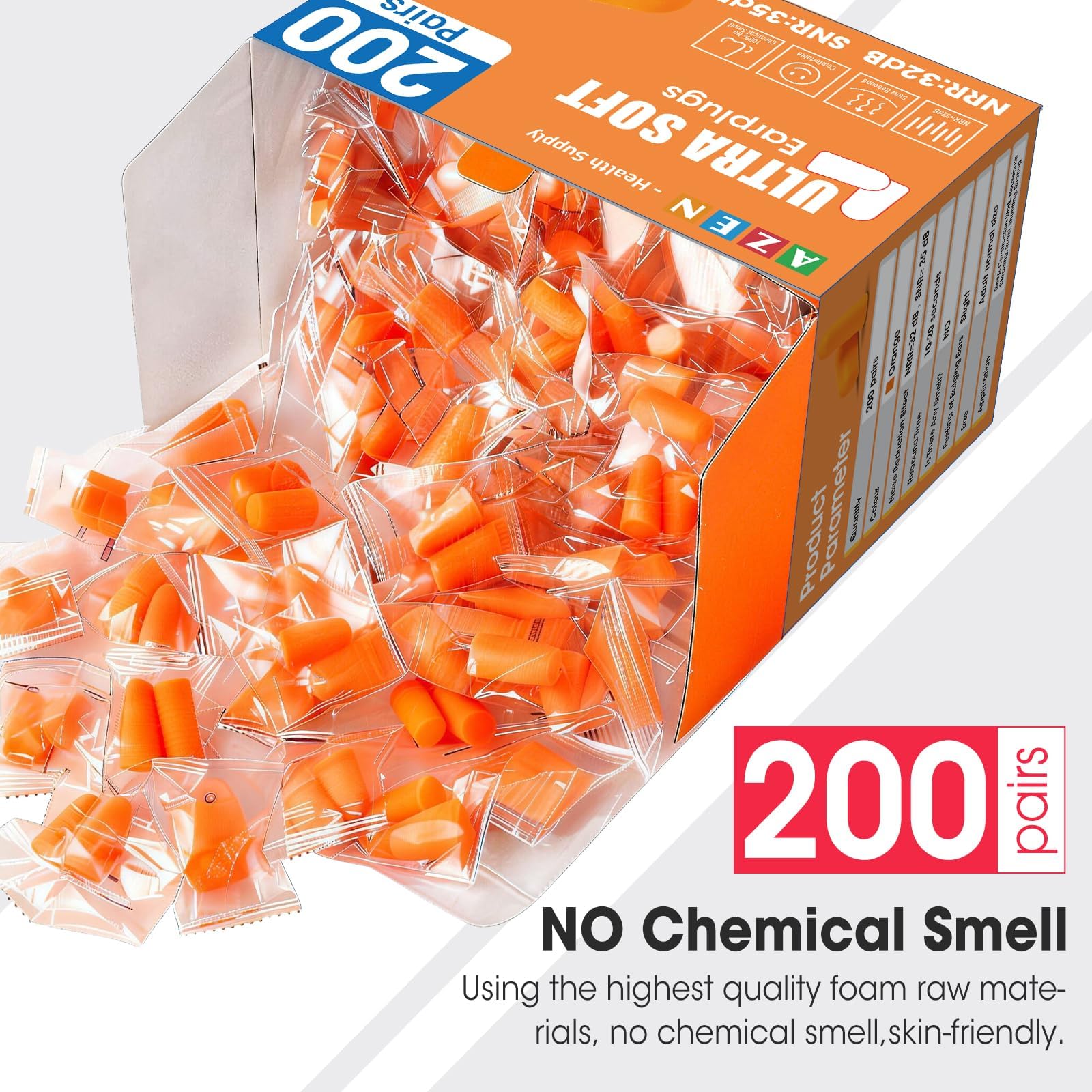 AZEN 200 pares de tapones para los oídos, tapones para los oídos de espuma suave NRR 32dB para dormir con cancelación de ruido, tapones para los oídos (naranja)