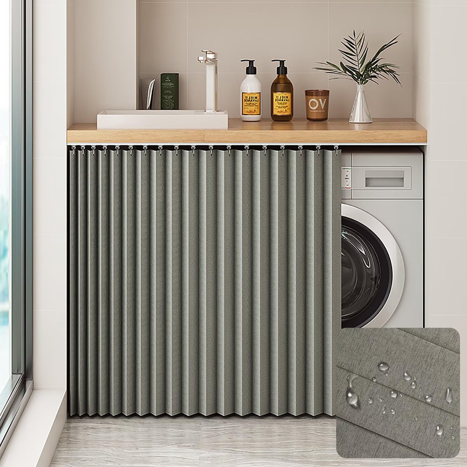 Schrankvorhang zum Schieben Selbstklebend, H140×W140 CM Grau Flächenvorhang Kurz zum Waschmaschine, Sonnenschutz, Staubdicht & Wasserdicht, Schrank Vorhang für Küchenschränke, Offene Kleiderschränke
