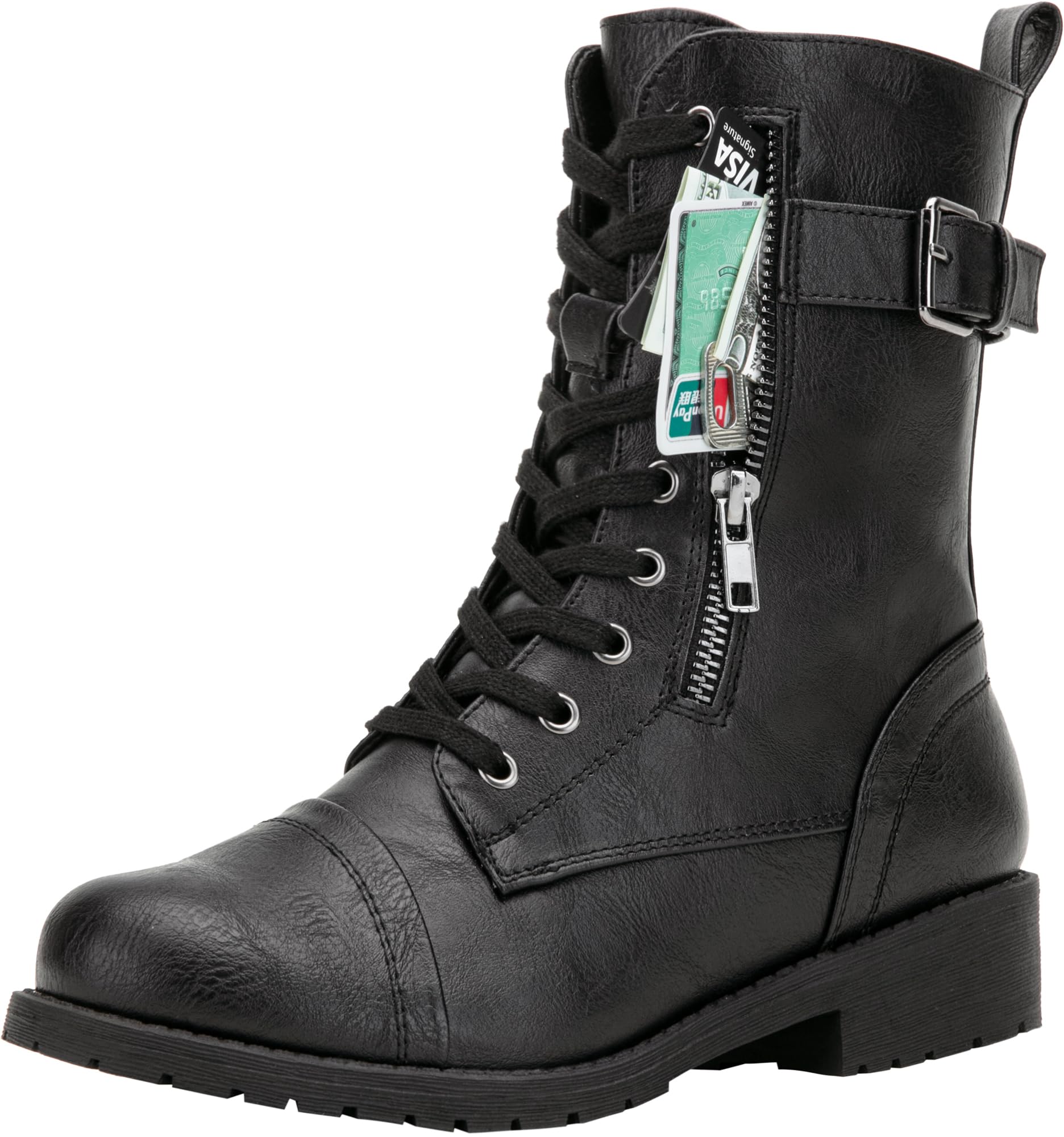 Vepose Women's 928 Combat Boots Low Heel, Mid Calf Military Boots with Card Knife Wallet Pocket