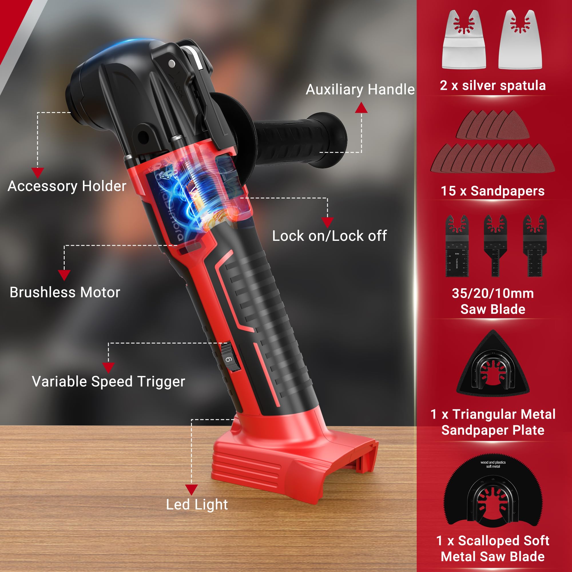 Multiherramienta oscilante compatible con batería Milwaukee de 18 V (batería no incluida), herramienta oscilante inalámbrica, motor sin escobillas, 6 velocidades variables, kit de 23 piezas para