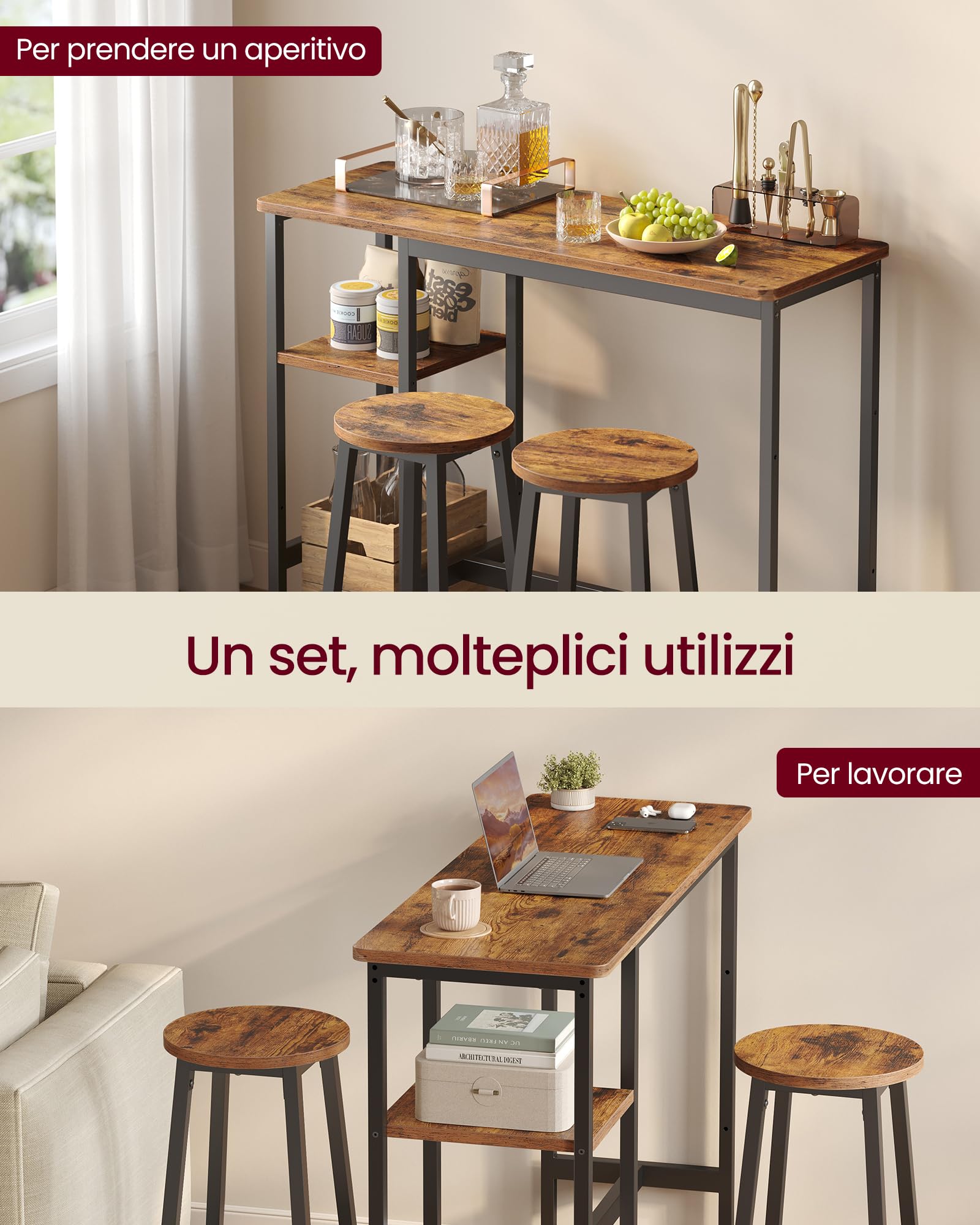 VASAGLE Tavolo con 2 Sgabelli da Cucina, Set da Pranzo, con Ripiani, Soggiorno Cucina, Struttura in Acciaio, Facile da Montare, Marrone Vintage e Nero Inchiostro LBT220KD01