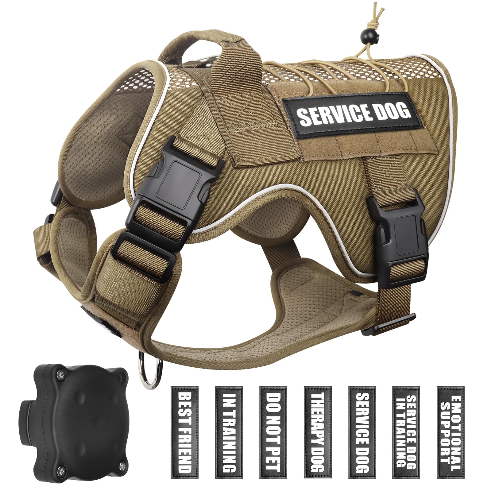 WINSEETactical Dog Harness with 7 Pet Patches, Service Dog in Training Air Mesh Breathable Molle Vest with Airtag Holdler, No Pull Adjustable Military Working Dog Vest for Small Dogs