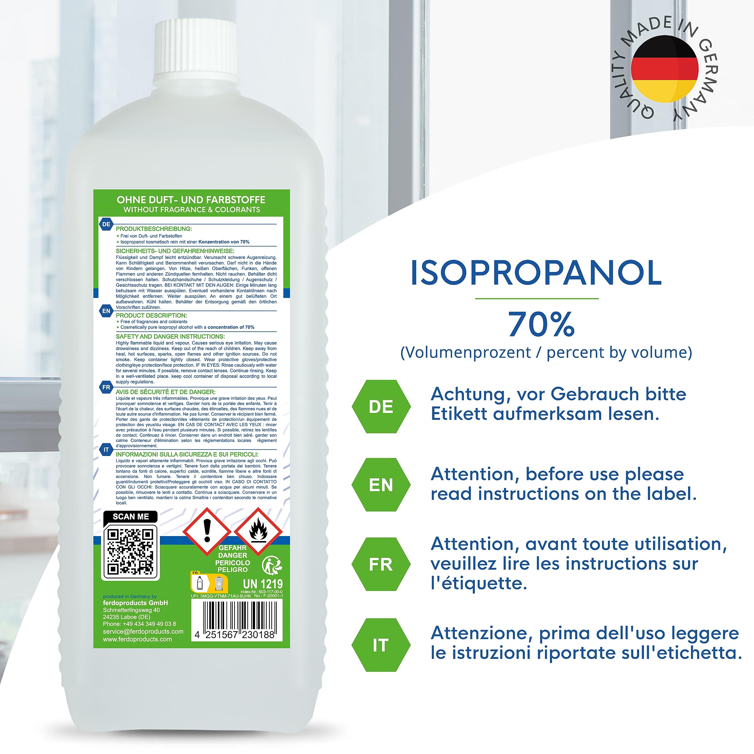 Isopropanolo al 70% in 10 flaconi da 1000 ml, solvente a base di alcool IPA, detergente per la casa, la cucina, l'auto e altro ancora, ideale per la rimozione dei grassi