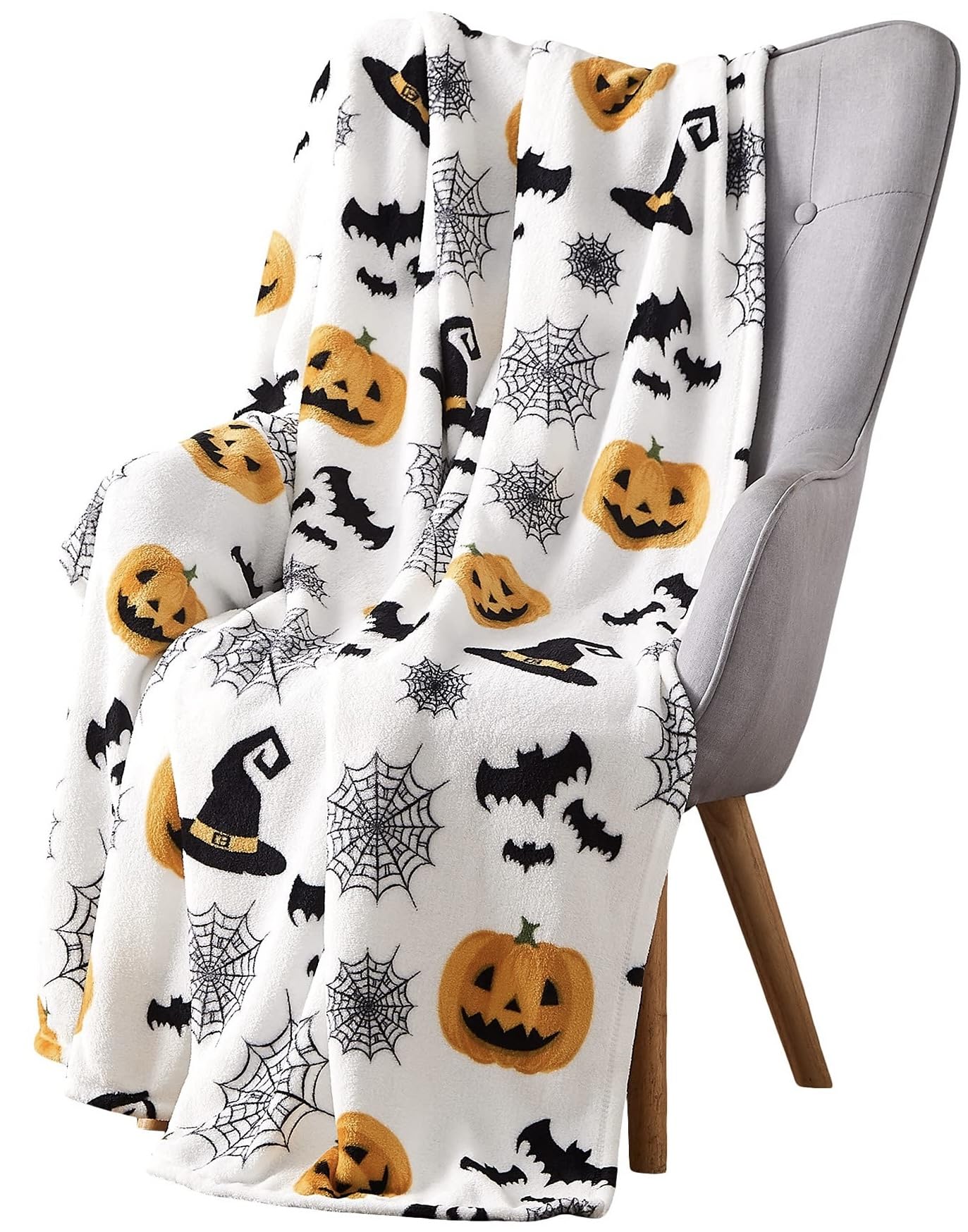 Halloween Patchwork Throw Blanket: Spider Webs Skeleton Witchy Gnomes Decorated Pumpkins Haunted House and Dressed Up Pet Dogs (Patchwork) — image 1