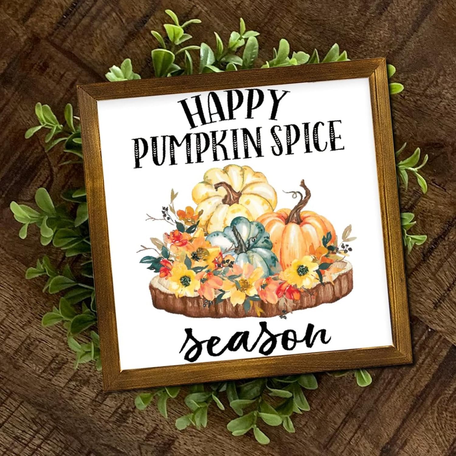 Happy Pumpkin Spice Season Wooden Framed Sign Sunflower Maple Leaves Wooden Plaque Retro Farm Harvest Home Wall Hanging Sign Decorative for Home Bedroom Living Room Bathroom 12x12 inch