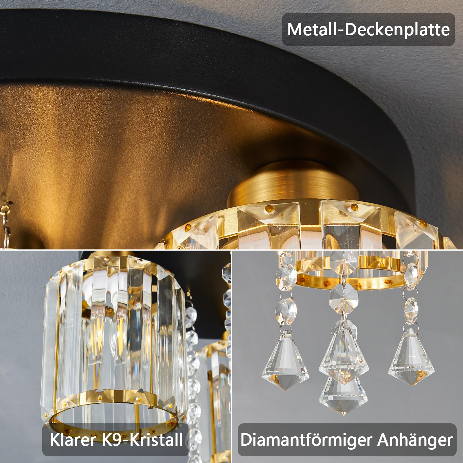 Semi Flush Mount Lampada da soffitto a 3 luci da soffitto vicino al soffitto in oro nero cristallo design moderno lampada per cucina, ingresso, camera da letto, bagno, corridoio