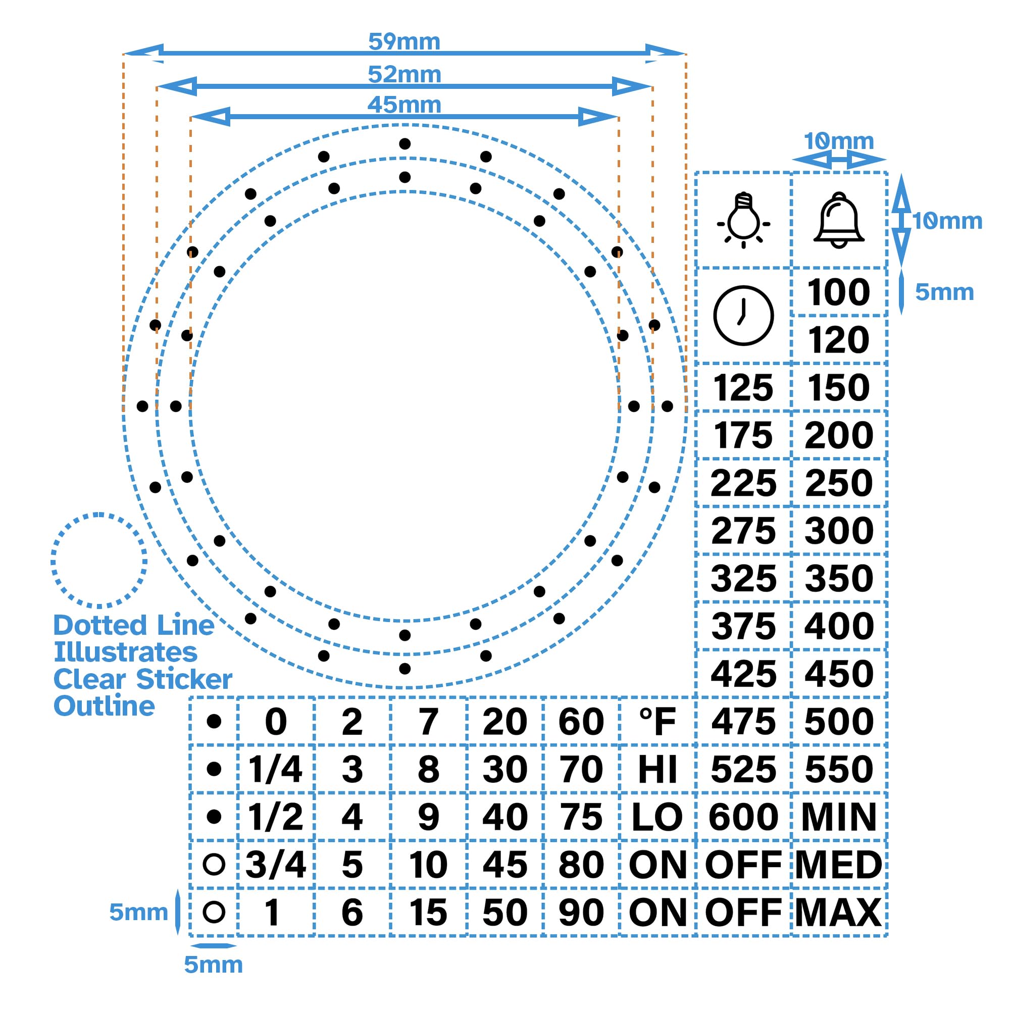 HALLMERS 45mm + 52mm Dotted Dial Separate Custom Timer Fahrenheit Oven Temperature Decal Control Panel Labels (Black Print Clear Adhesive) Replacement Sticker Temp Knob Electric Gas Grill Power