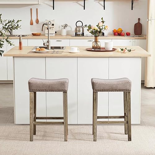 Miniatura 8 de Juego de 2 taburetes de bar de piel sintética de 29 pulgadas con patas de madera maciza, sillas de cocina sin espalda de mediados de siglo, asiento